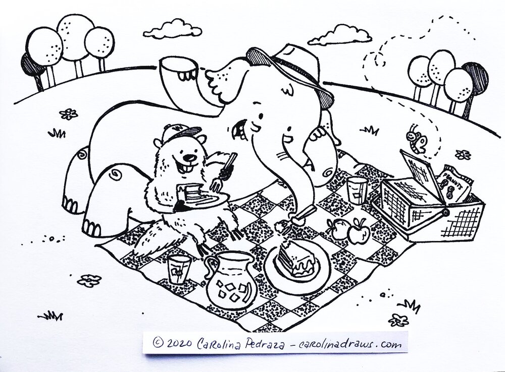  an elephant and   a woodchuck  having a picnic  (maya, age 8) 