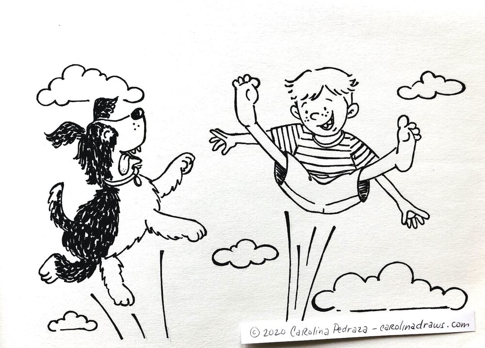  a boy and a dog  jumping on a   trampoline outside  (eli, age 4) 