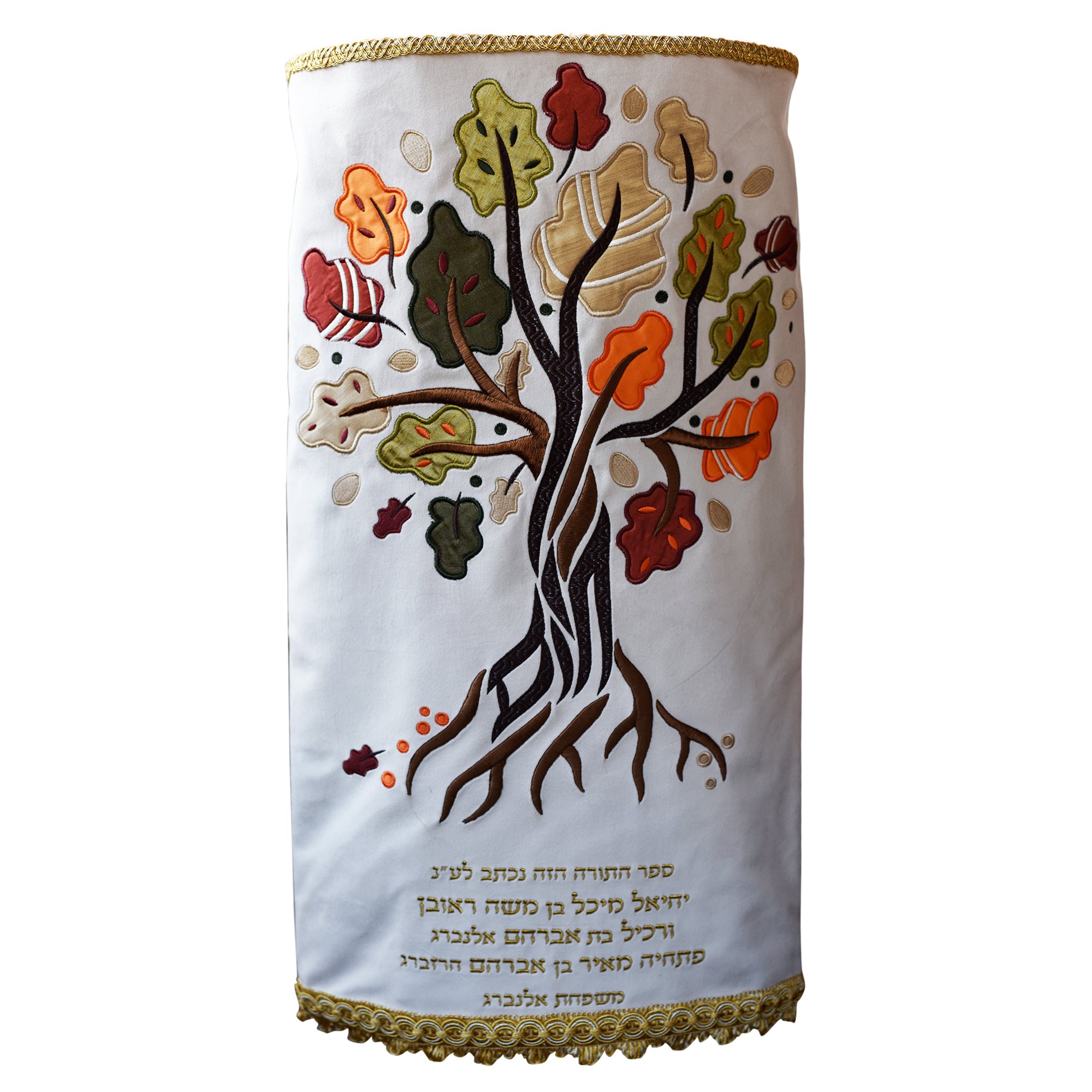   Chana Gamliel's Torah Mantel, adorned with a majestic tree motif, radiates elegance and tradition. Crafted from pristine white fabric, the Mantel exudes purity and reverence, elevating the sanctity of the Torah. Chana Gamliel's meticulous attention