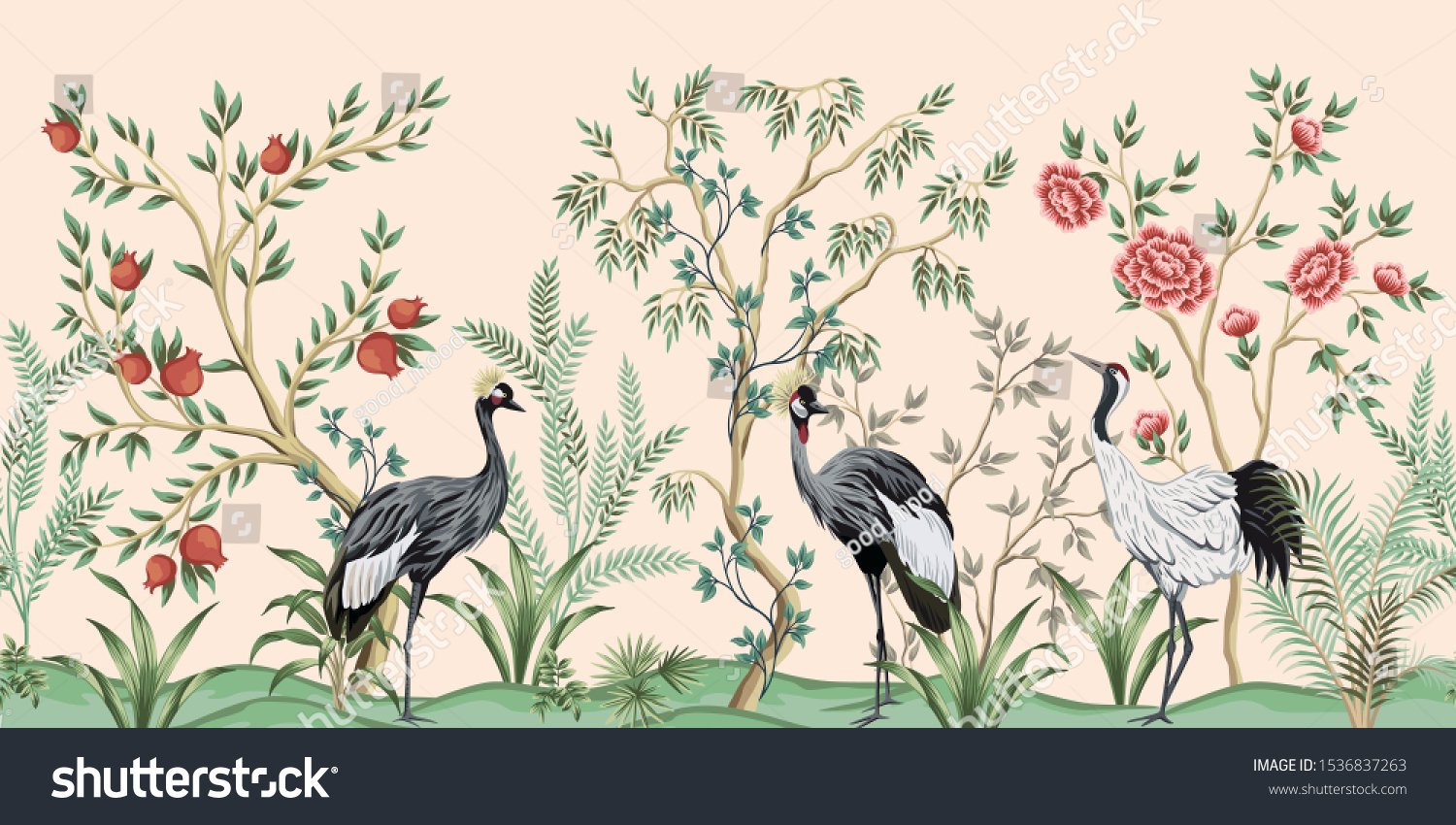 stock-vector-vintage-garden-tree-pomegranate-tree-plant-crane-bird-floral-seamless-border-pink-background-1536837263.jpg