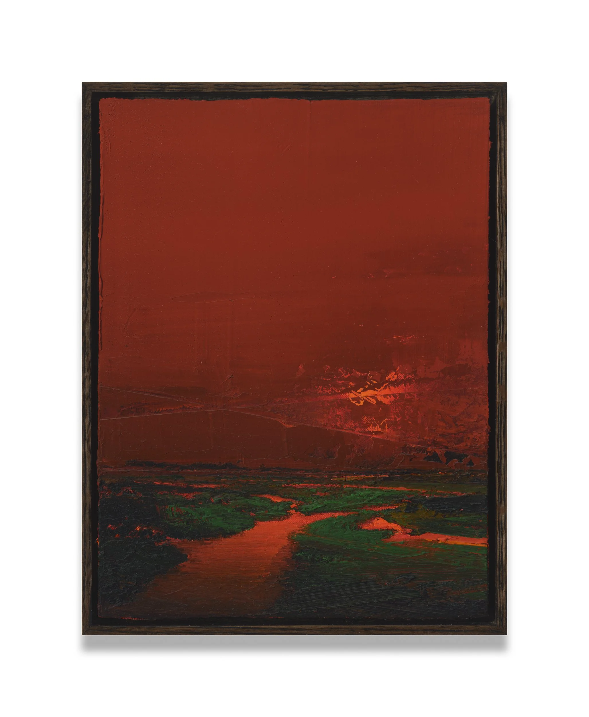 Red Marsh (#2514), 2025, Oil on paper or linen, mounted on panel, 12×9”, framed