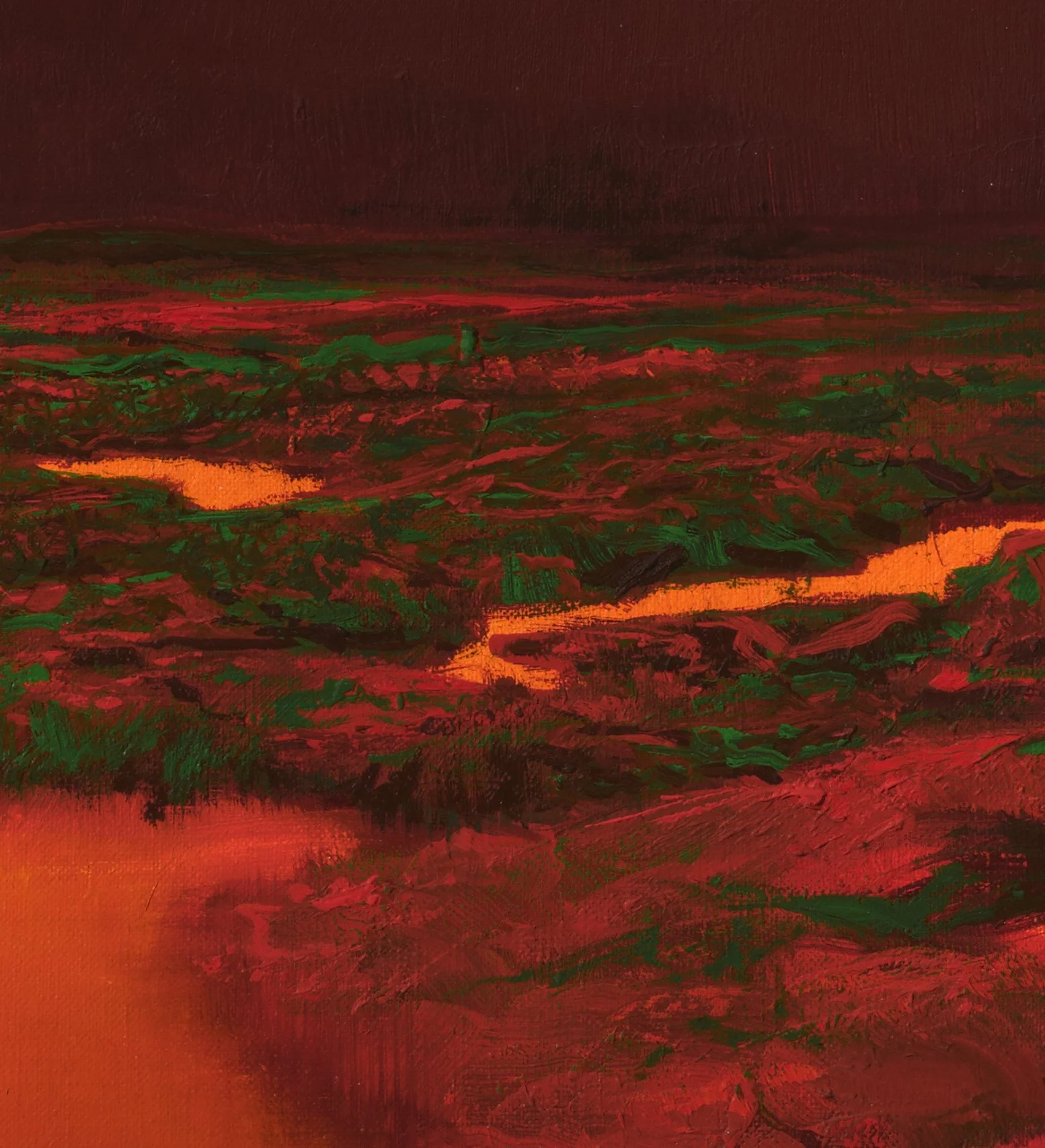 Detail from previous image. Red Marsh (#2529), 2025, Oil on linen, 48x40"