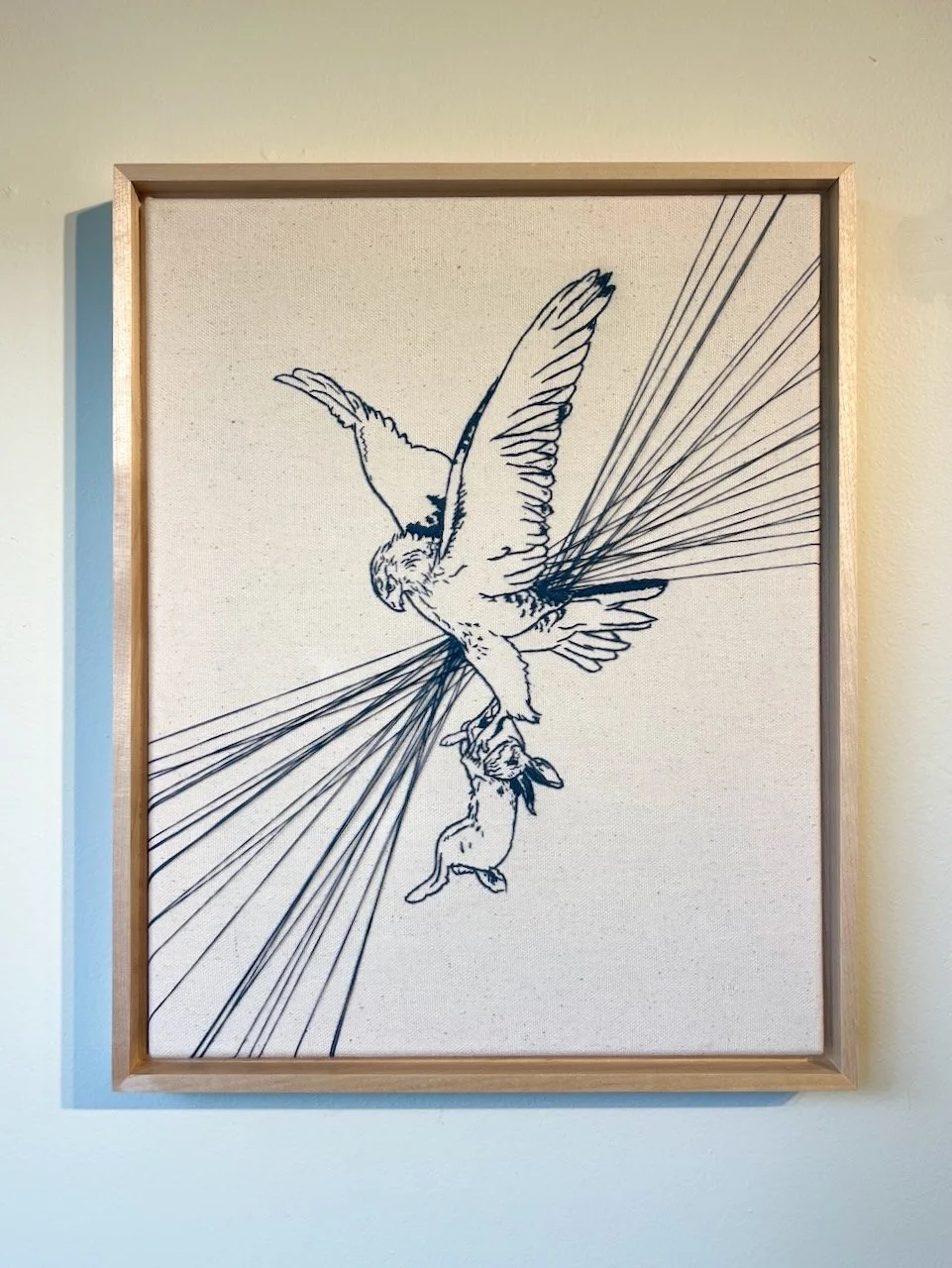 Hannah Lamar  Enmeshed, Entangled, Ensnared, 2026&nbsp;  Hand embroidered bluework on cotton canvas&nbsp;  14” x 11” 