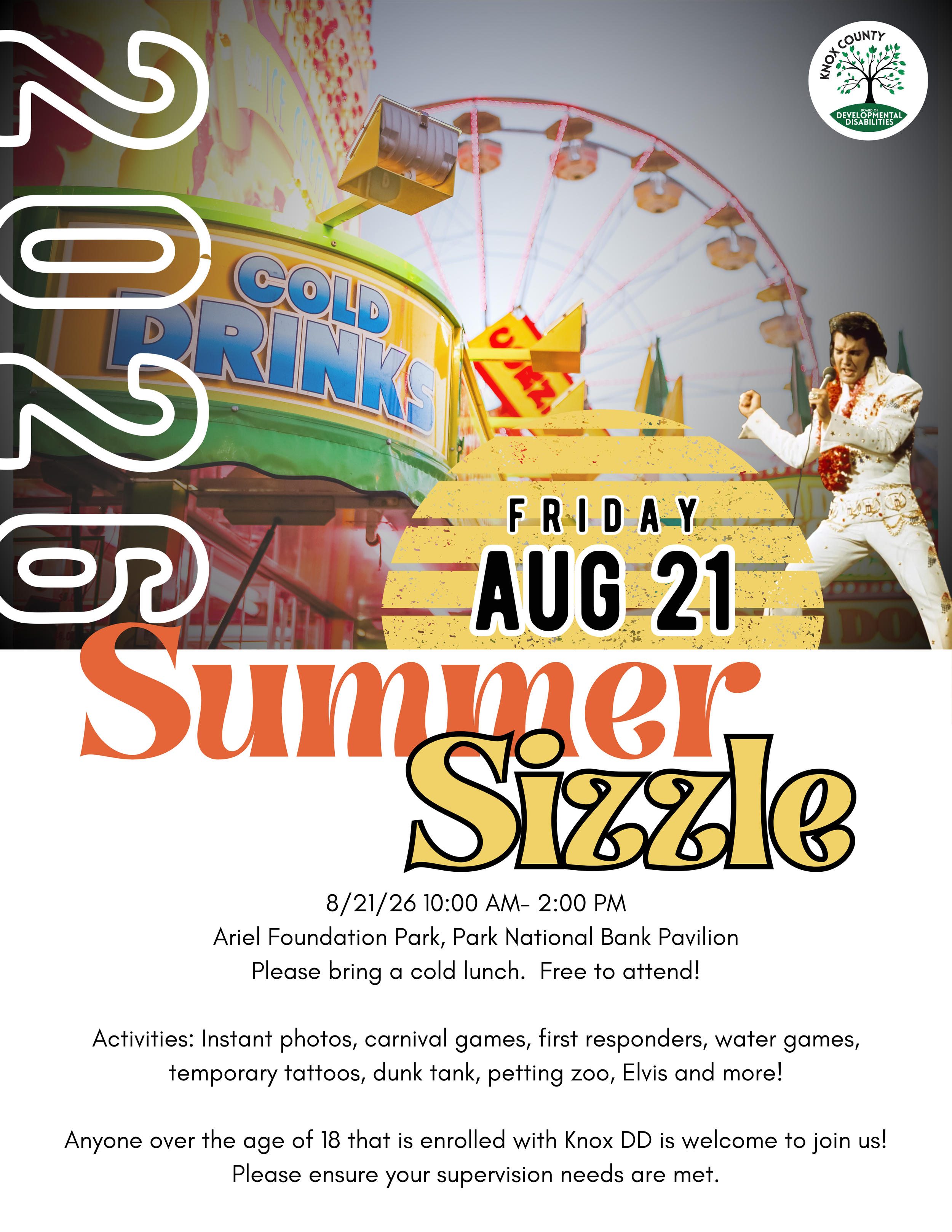 Image of summer sizzle flyer.  Primarily orange and yellow color theme.  all pertinent information is in the body of this event.