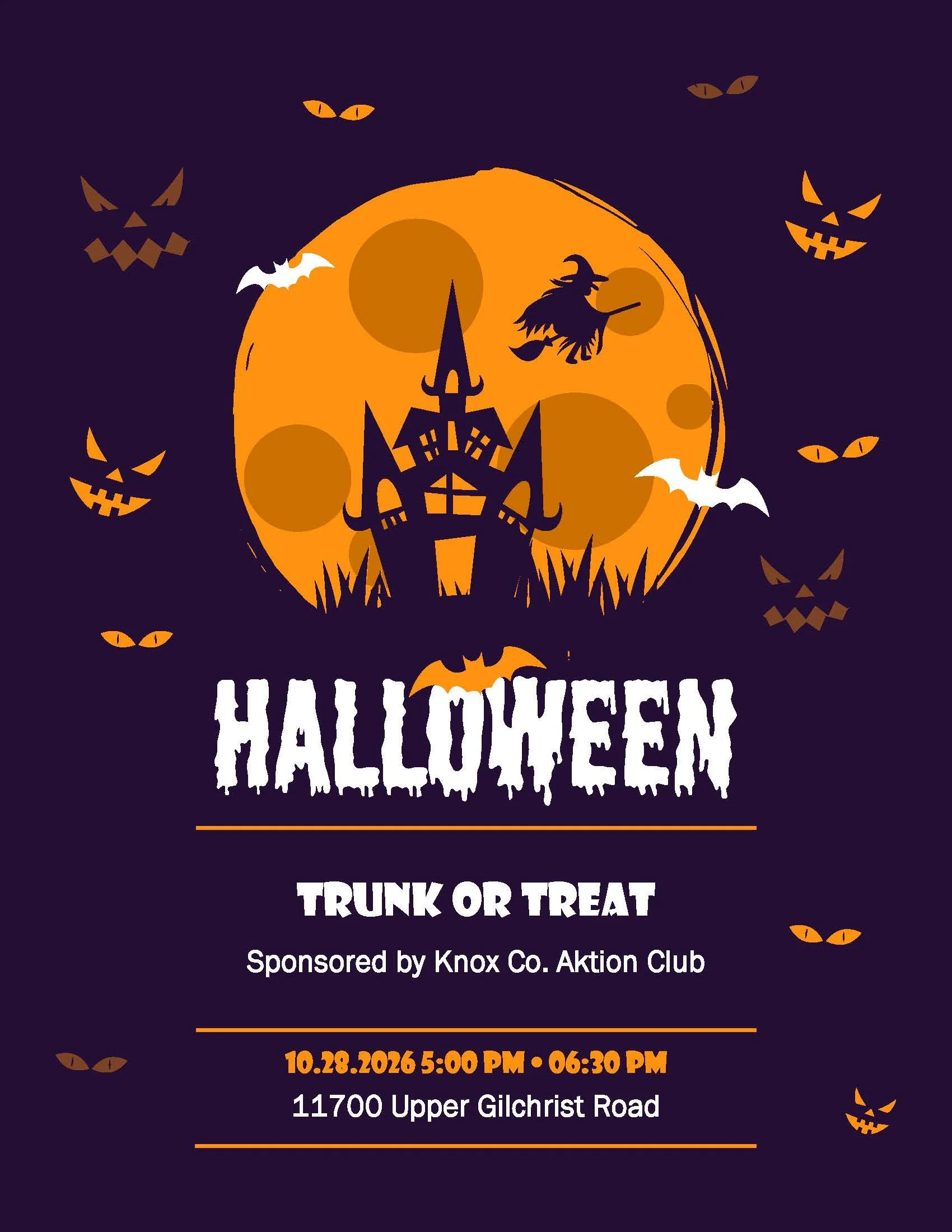 vertical image, dark background, orange moon and spooky house.  All pertinent info for this flyer is in the body of the event
