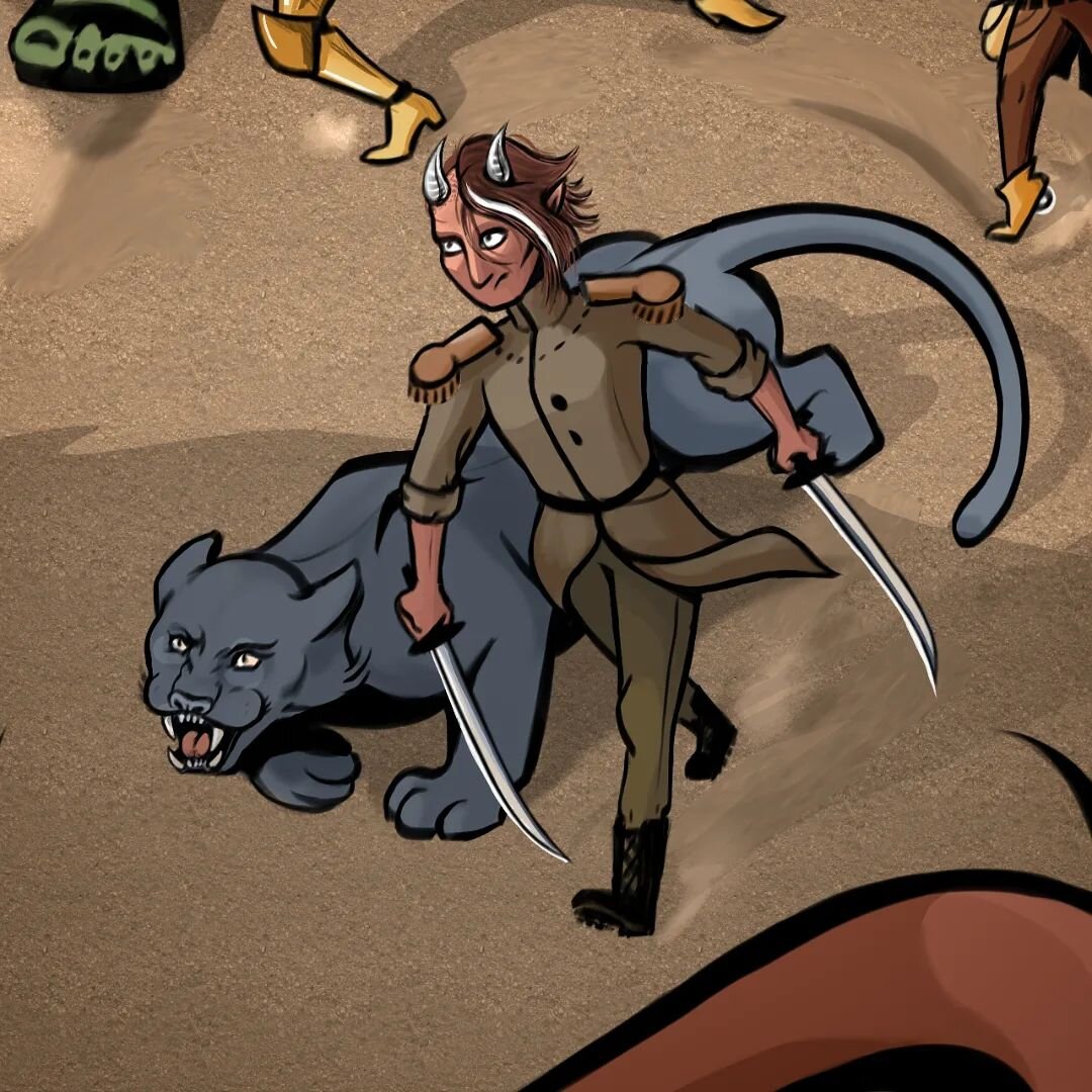 Zipporah, our resident ranger and her trusty panther Orion. Brought up in the military, keen interrogator and excellent hunter. Loves food, ale and flirting with stablemen's wives. Played by the amazing @talia_proctor and her little warrior Jude.
.
C