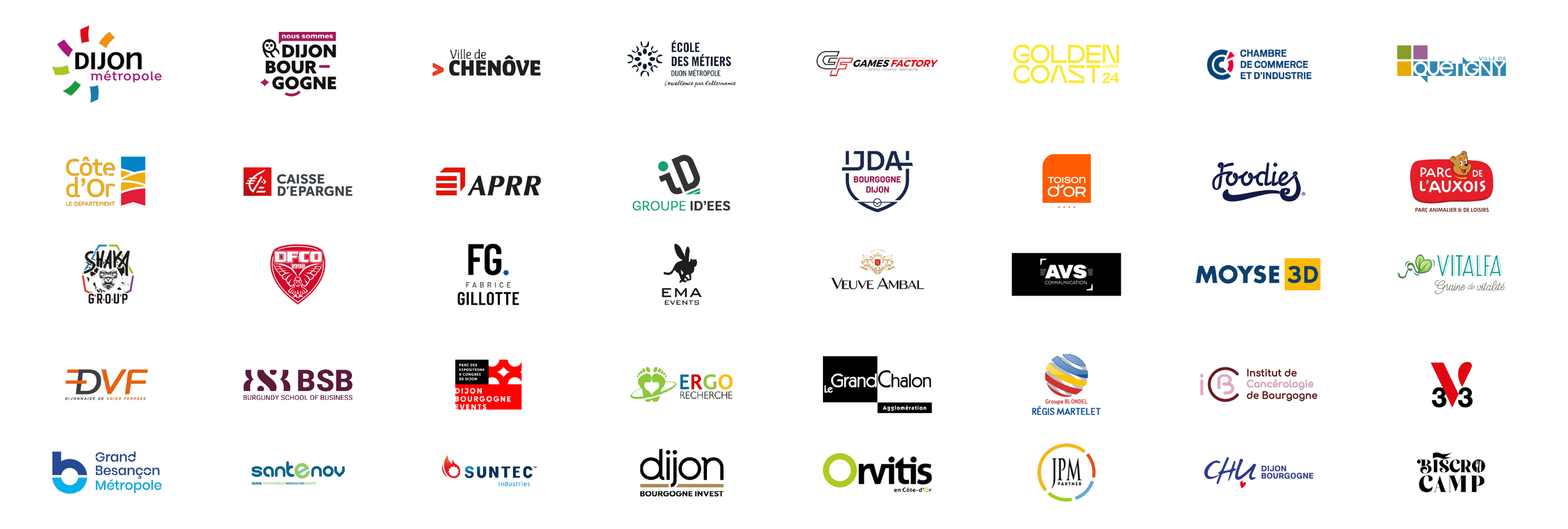 Logos de nos références locales : Dijon Métropole, Nous sommes Dijon Bourgogne, Ville de Chenôve, École des métiers Dijon Métropole, Games Factory, Golden Coast, CCI, Ville de Quetigny, Côte-d’Or, Caisse d’Épargne, APRR, Groupe ID’EES, JDA Bourgogne Dijon, Toison d’Or, Foodies, Parc de l’Auxois, Shaka Group, DFCO, Fabrice Gillotte, EMA Events, Veuve Ambal, AVS Communication, Moyse 3D, Vitalfa, DVF, BSB, Dijon Bourgogne Events, Ergo Recherche, Le Grand Chalon, Régis Martelet, Institut de Cancérologie de Bourgogne, 3V3, Grand Besançon Métropole, Santenov, Suntec Industries, Dijon Bourgogne Invest, Orvitis, JPM Partner, CHU Dijon Bourgogne, Biscrocamp
