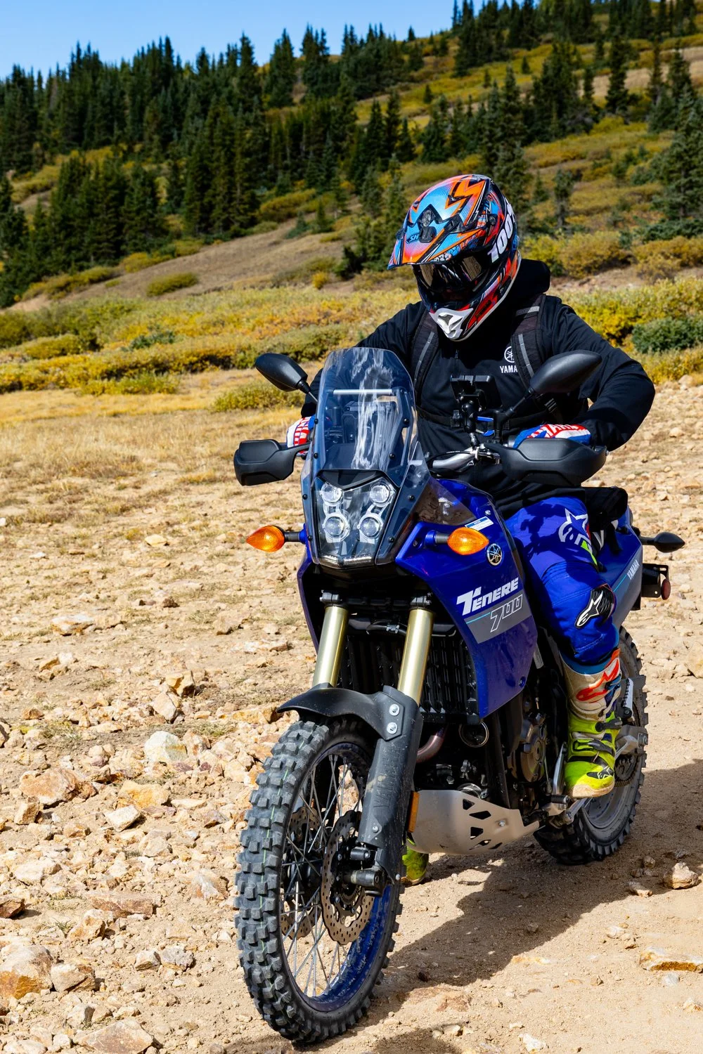 Gerrad Capley on the Tenere 700 at the top of Cumberland Pass