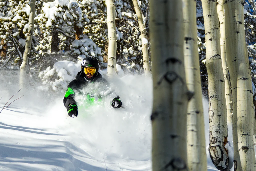 Ryan Spinks skiing powder in the trees