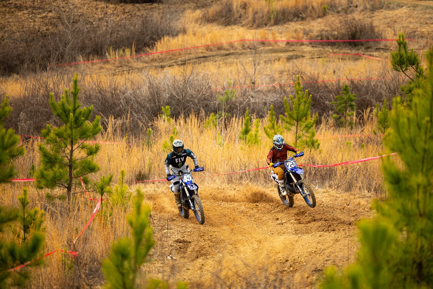 Ryan Villopoto and Damon Bradshaw riding side by side at speed at the Yamaha GYTR photoshoot