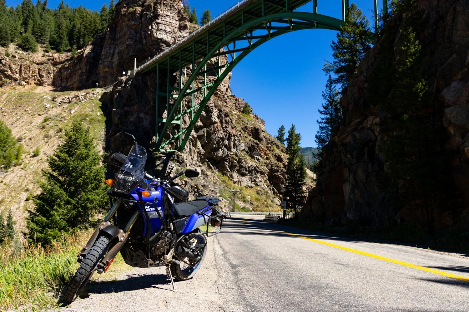 Yamaha Tenere 700 under the bridge in Leadville, CO