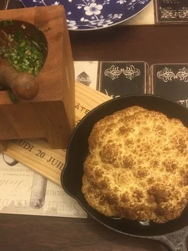 WHOLE ROASTED CAULIFLOWER WITH HERB SALSA  -- Recipe adapted by guest home-cook, Joseph McAdams