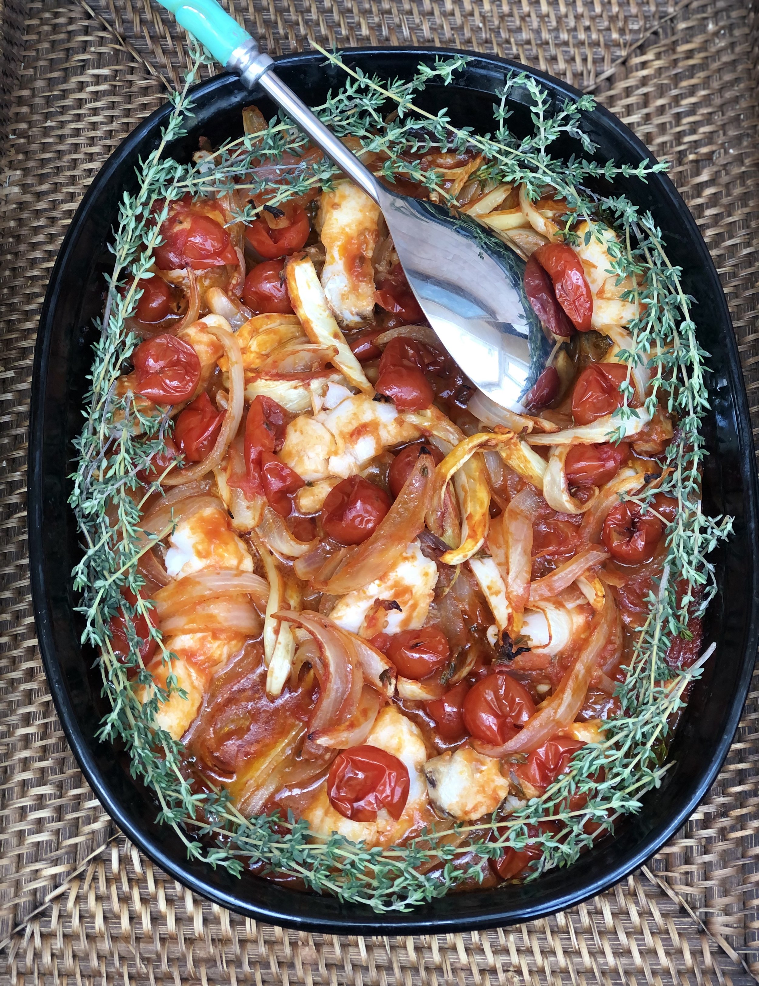 Roasted Cod, Tomatoes, Orange &amp; Onions 