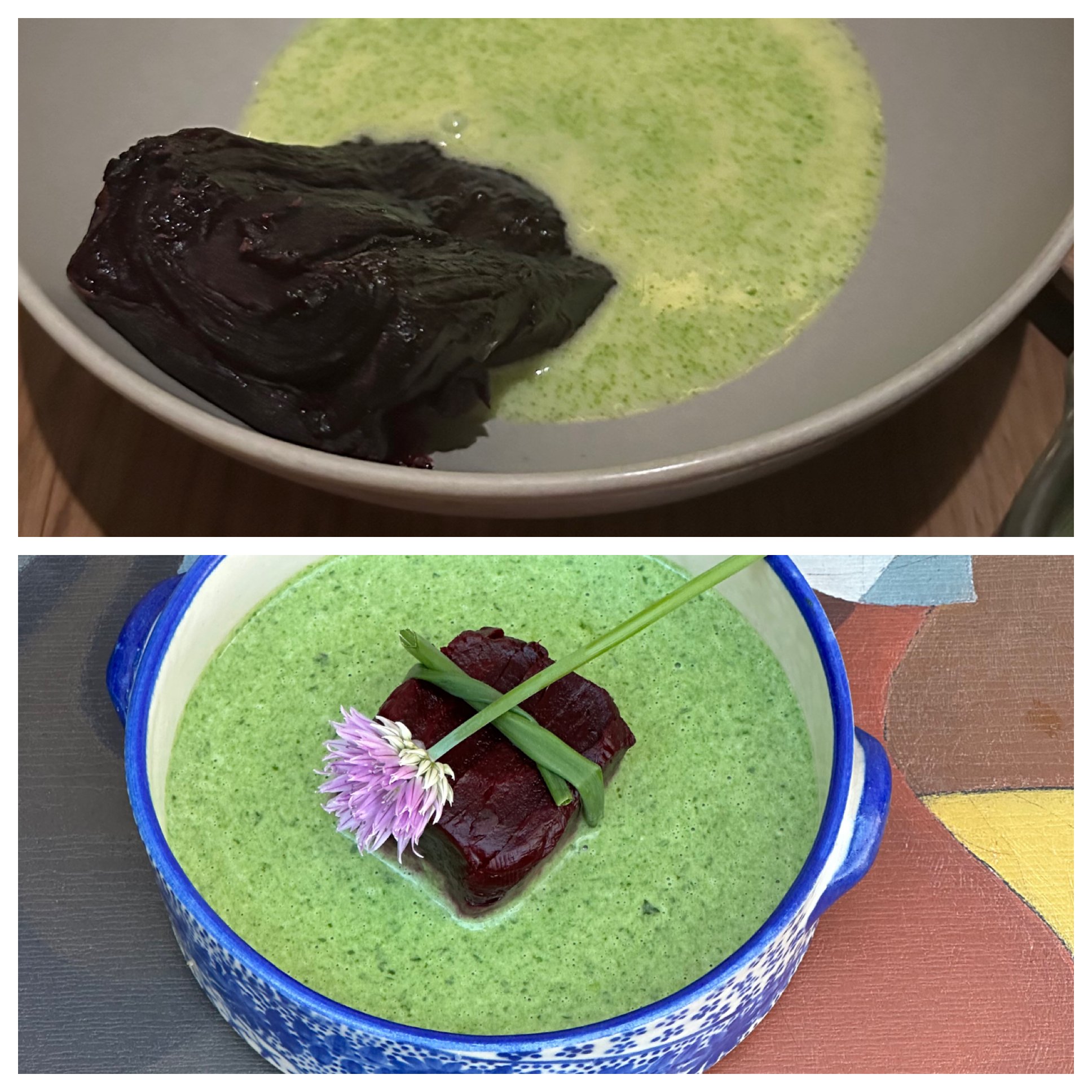 Roasted red beets with pea shoot coulis