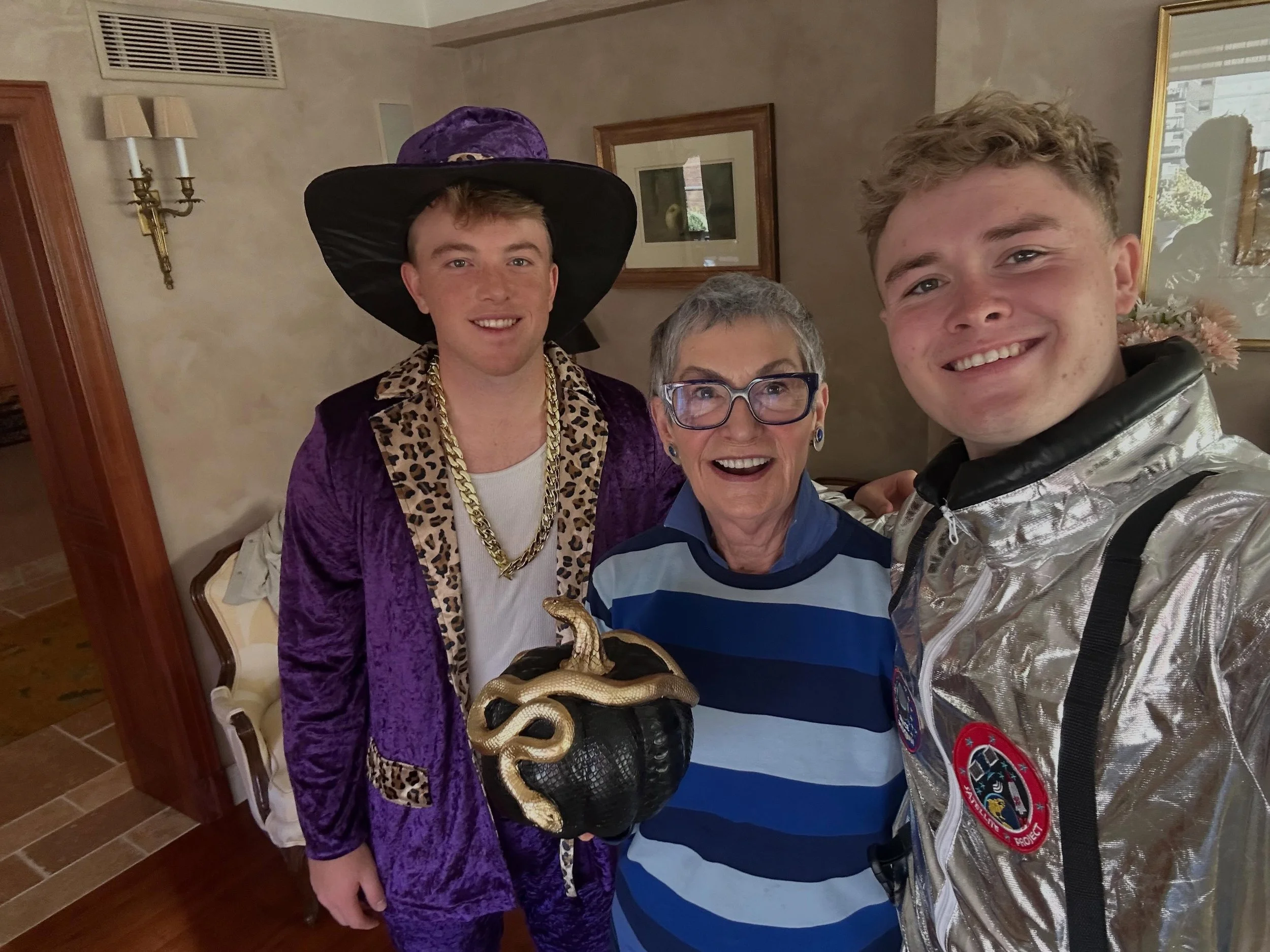 Ready for Halloween starting out with a Grandson stop by with his purple pal en route to a pub crawl down town.  Nonni is heading to St. Patrick&rsquo;s for the Luminiscence orchestral and light show. No costumes required!