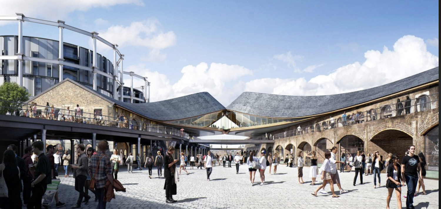 Restaurants, bars and shops line the piazza area in Coals Drop yard. Those gas tank flats are in the background again