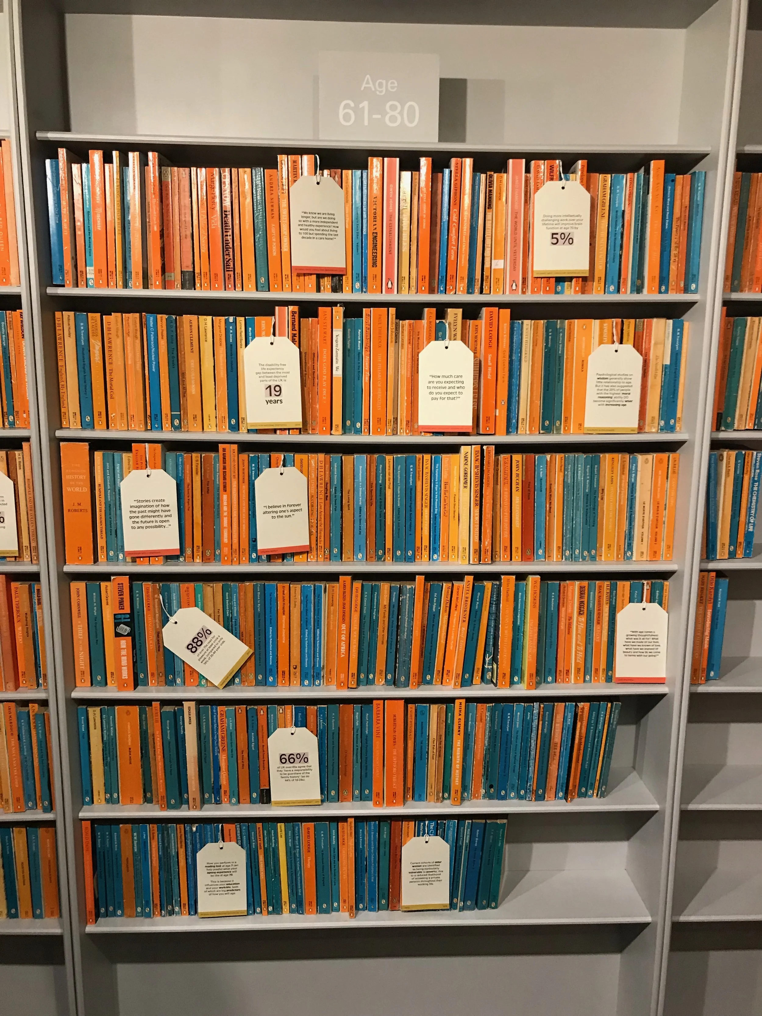 This was one section of a floor to ceiling bookcase covering one whole wall of the exhibition space. The orange books represent the percentage of healthy people in the 61-80 age group, the books with blue spines show the percentage with illness. They’re arranged from the wealthiest sectors of society at the top to the poorest at the bottom