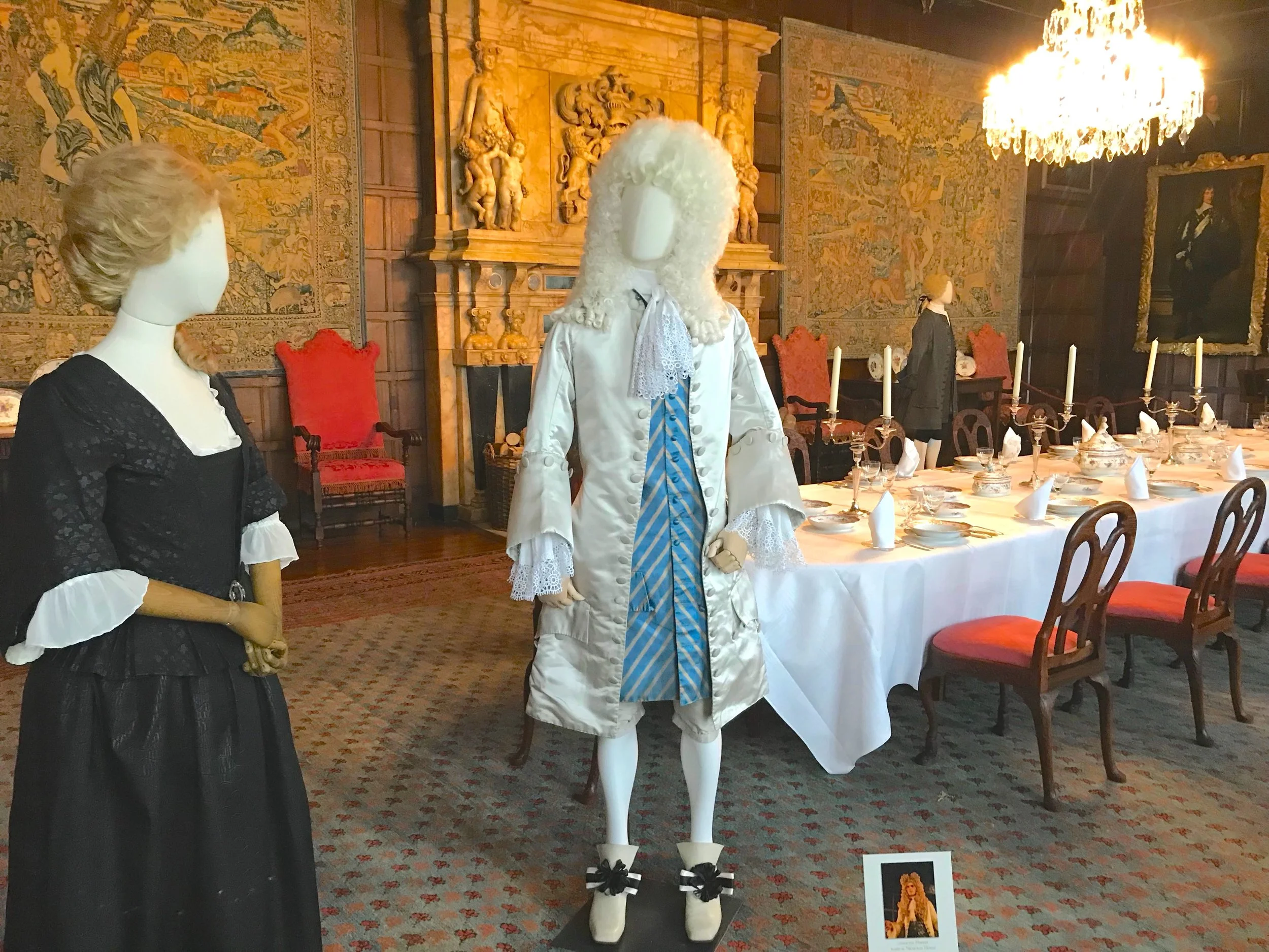 Costumes worn by Emma Stone, Nicholas Holt for The Favourite, on display in Hatfield House