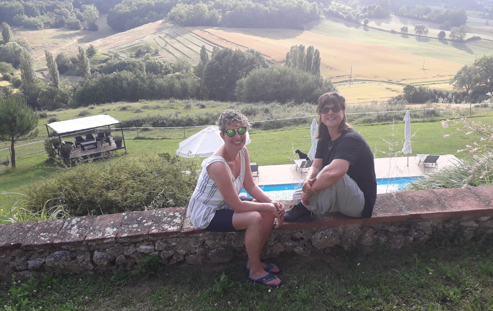 Yvonne and I chatting with the beautiful setting of her Health Retreat in SW France as a backdrop