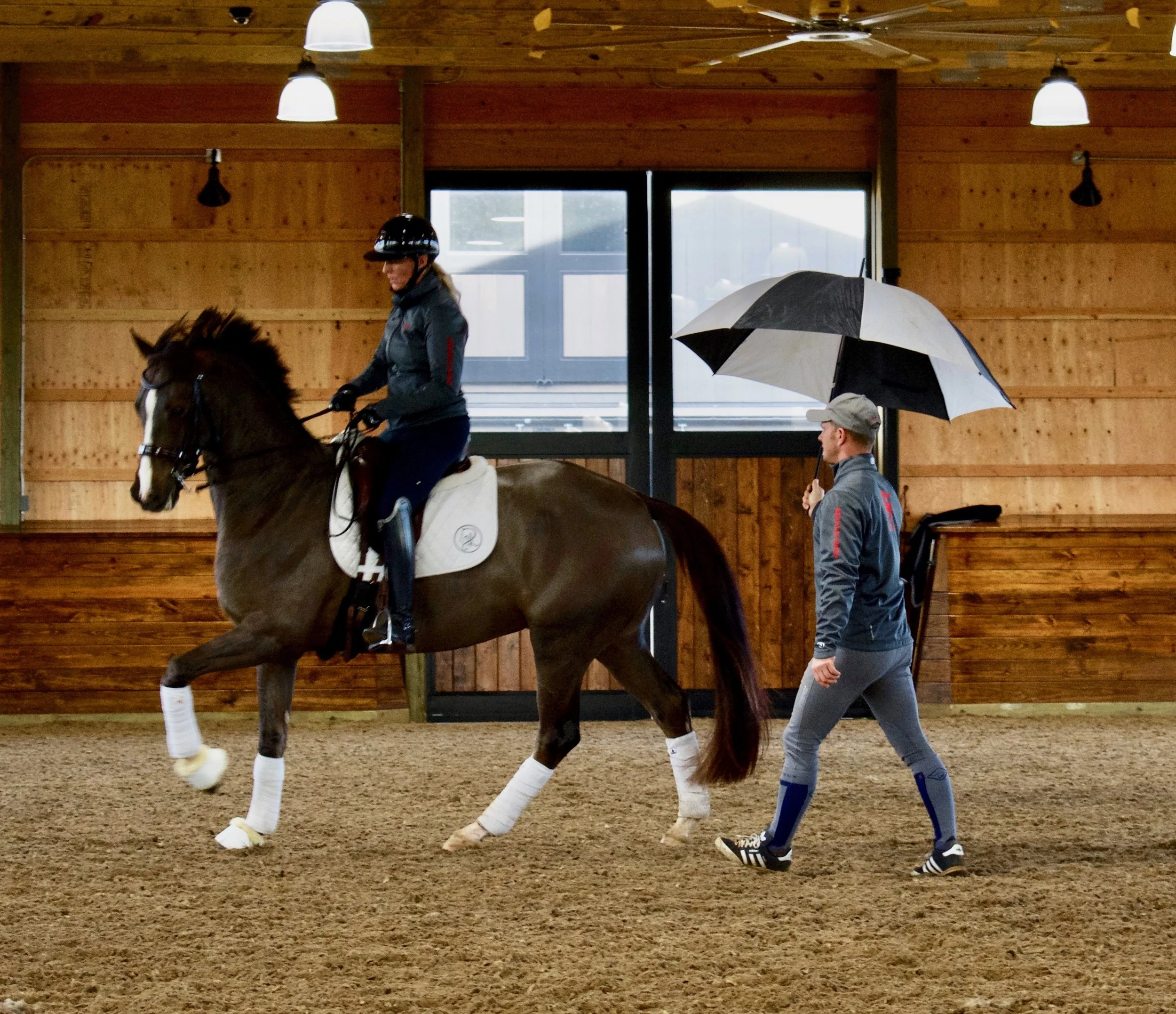 “When they start on a circle you begin to teach them to how to respond to something that pops up by giving them total freedom in the front , so they don’t have to think about anything except moving,” said Tristan, guiding Eliane on Flynn.