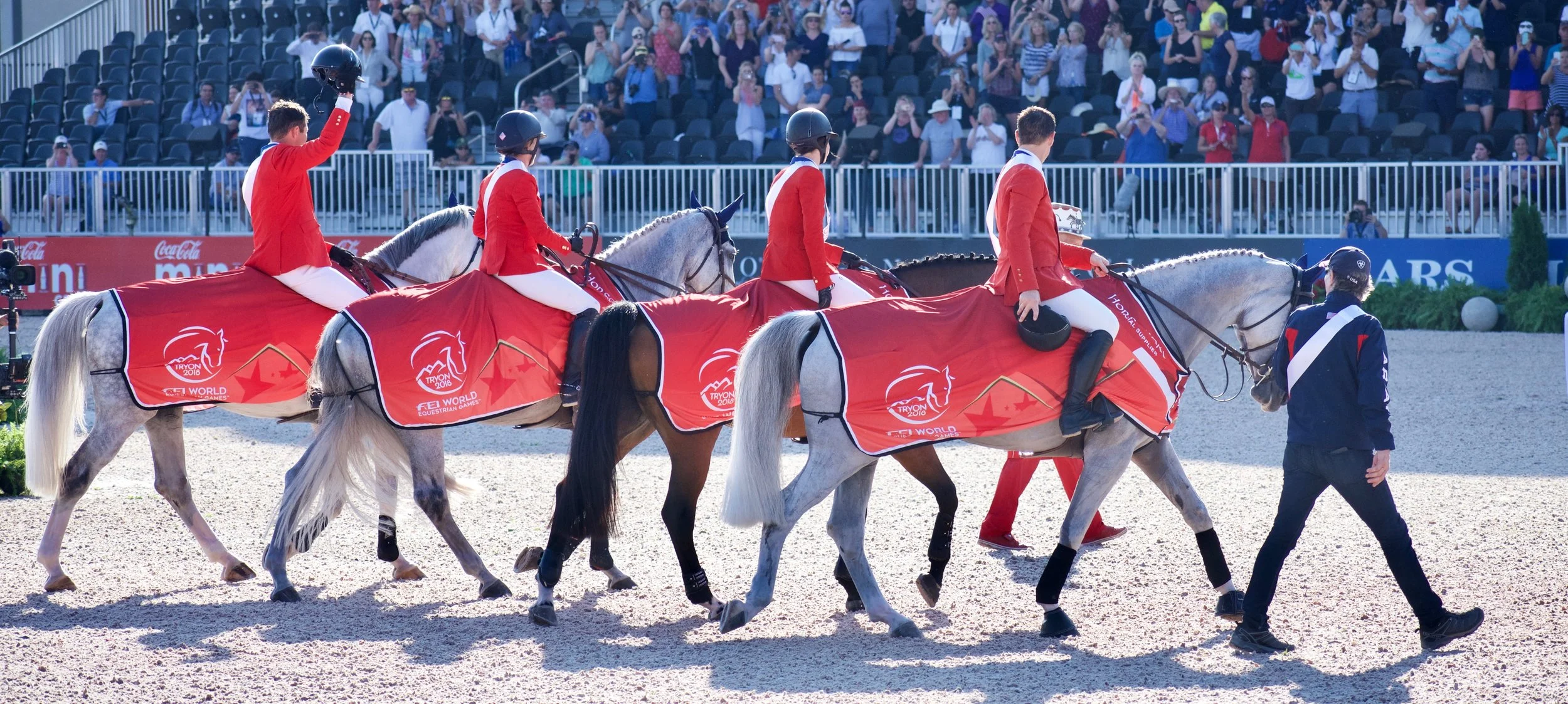 Team work makes the dream work! At the World Equestrian Games in 2018 the U.S. Gold Medal team was in step during the awards ceremony. pc: The Tech Equestrian