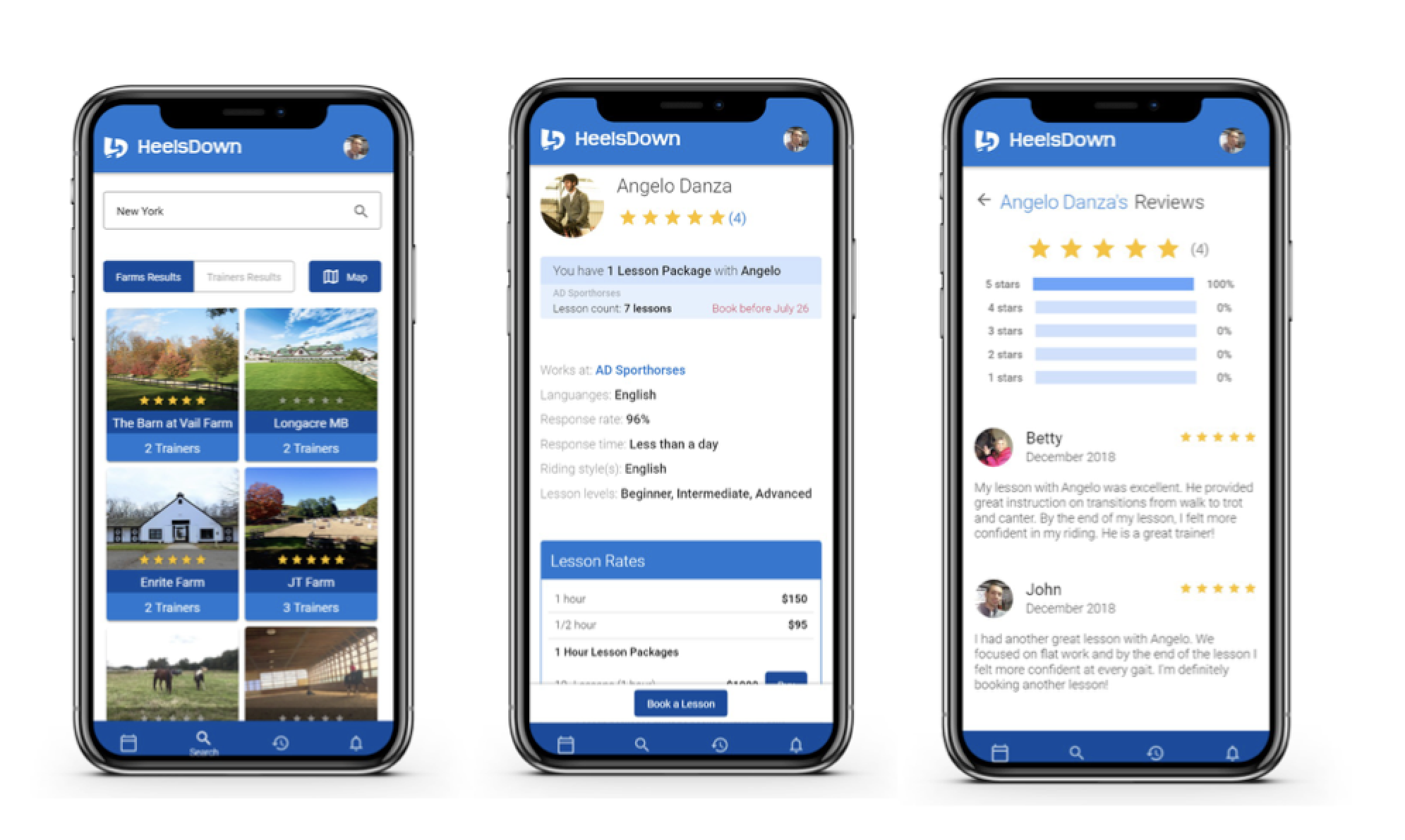 (from left to right) Farm Search view, Trainer Profile and Trainer Reviews.