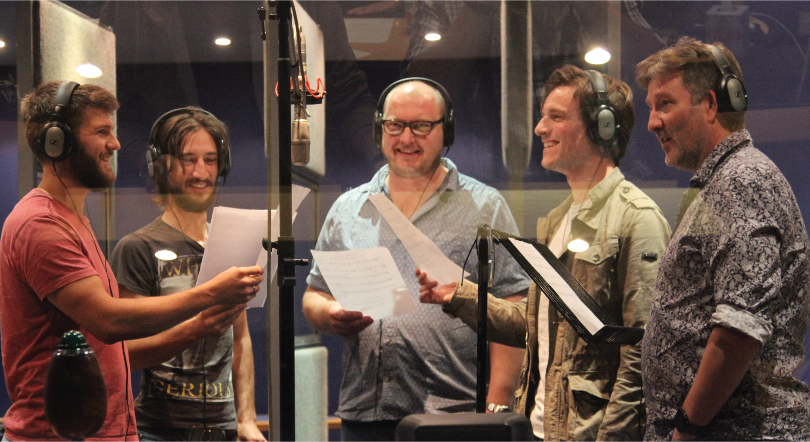 Tim Uffindell, Tom Alexander, Peter Moreton, Barnaby Jago, and Stuart Pendred in the recording studio during the production of Ode to Saint Cecilia .
