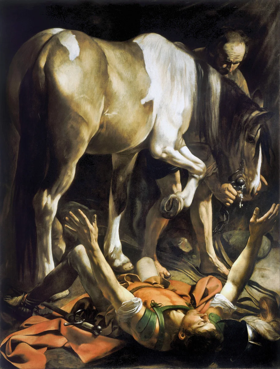 The Conversion on the Way to Damascus , Caravaggio, 1601. The painting depicts the most famous conversion story in Christian tradition, recounted in Chapter 9 of the Acts of the Apostles.