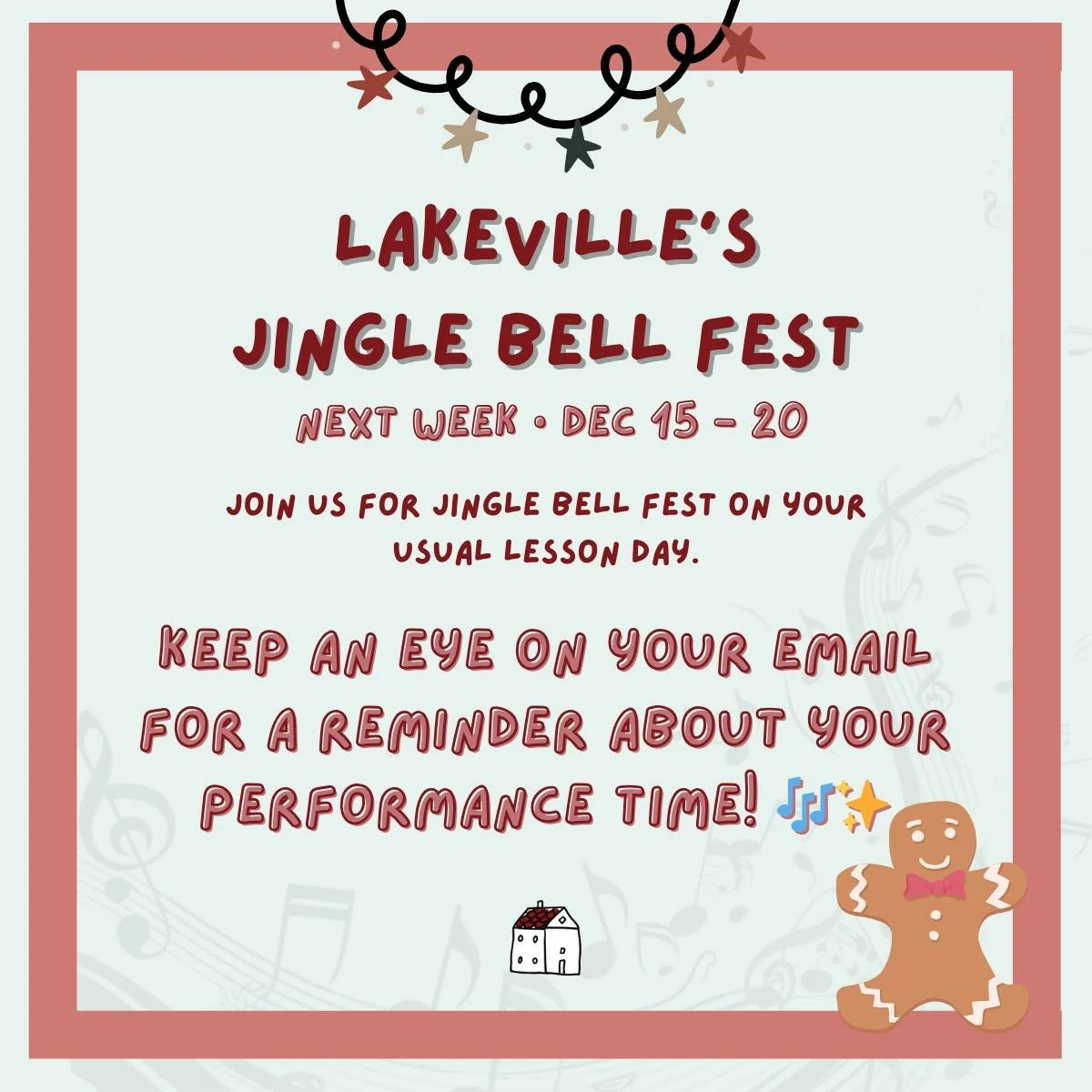 Jingle Bell Fest is almost here! 🎶✨ Students will attend on their usual lesson day, and we&rsquo;ll email you a reminder with your arrival/performance time. Can&rsquo;t wait to celebrate a week of music and holiday magic with you! ❄️🎹💛

#jinglebel