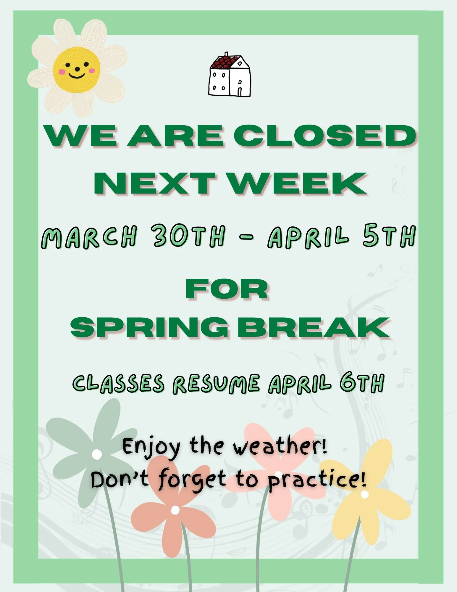 We&rsquo;re taking a little spring break pause 🌸☀️

Farmhouse Music Studio will be closed March 30th &ndash; April 5th, and lessons will resume April 6th!

Enjoy the sunshine, soak up some rest, and don&rsquo;t forget to keep the music going 🎶💛

W