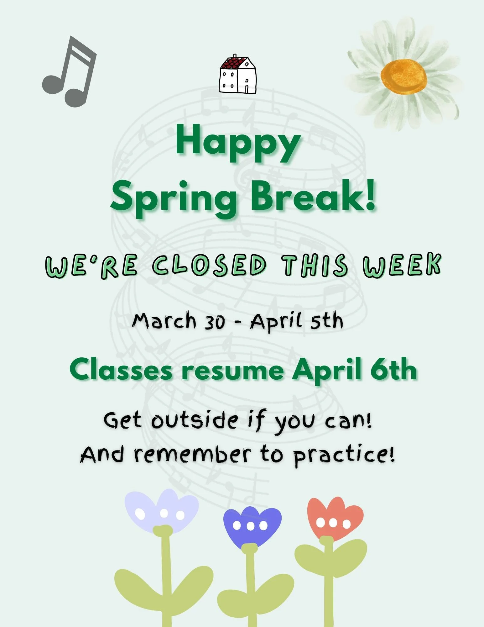 Happy Spring Break! 🌱

We&rsquo;re taking a short pause this week (March 30 &ndash; April 5) and will be back to lessons on April 6.

Enjoy the sunshine, get outside, and don&rsquo;t forget to practice a little while you&rsquo;re off! 🎶✨