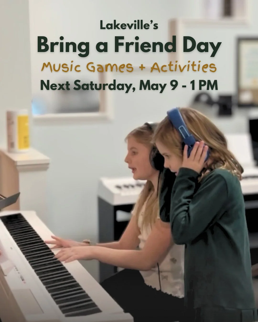 Lakeville families &mdash; Bring a Friend Day is coming up! 🎶

Students are invited to bring a friend &mdash; or come on their own &mdash; for a fun social hour of music games and activities at our Lakeville studio!

📍 Lakeville only
📅 Saturday, M