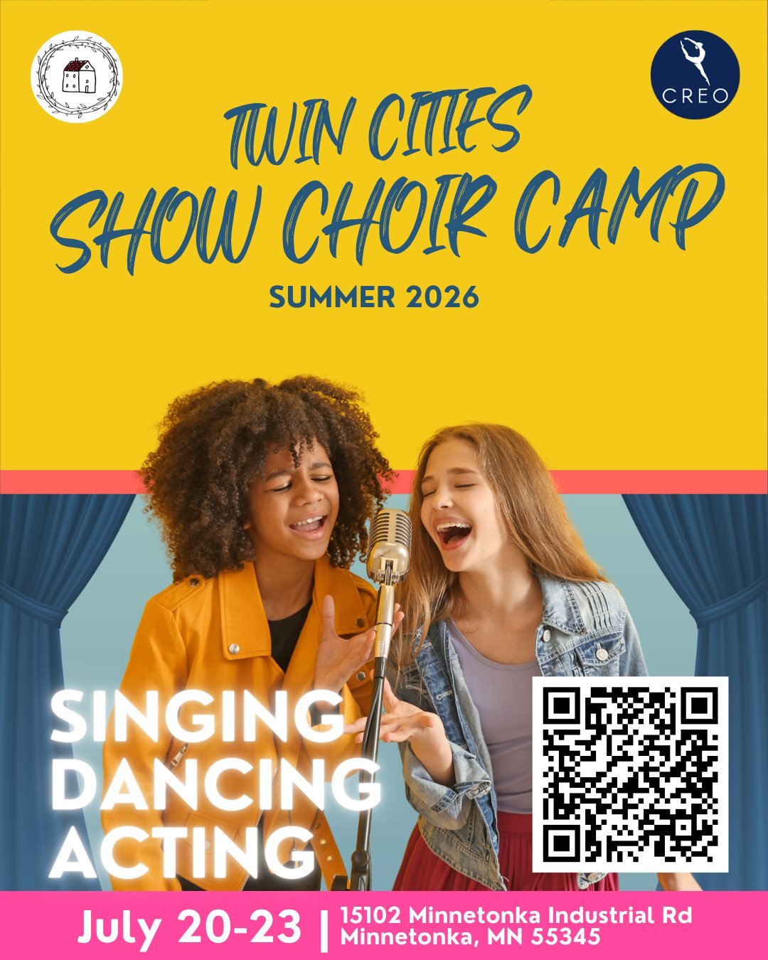 🎤✨ Introducing Twin Cities Show Choir Camp! ✨🎤

Get ready for four days of singing, dancing, acting, and performing this summer! Whether your student loves the spotlight or is ready to build confidence on stage, this camp is the perfect place to gr