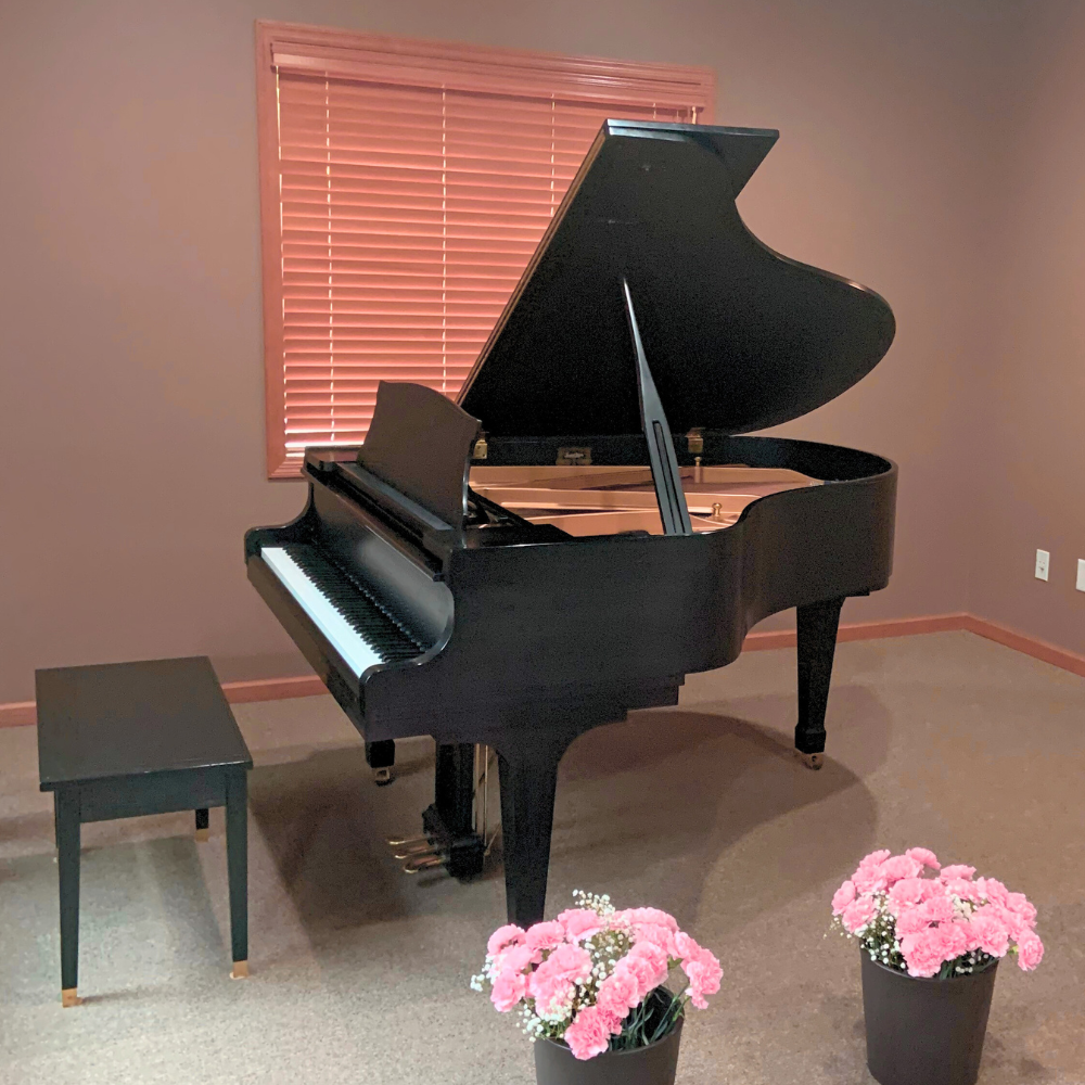 Black grand piano with open lid, a matching black bench, pink flowers in two black pots in front, pink blinds on window in beige room.