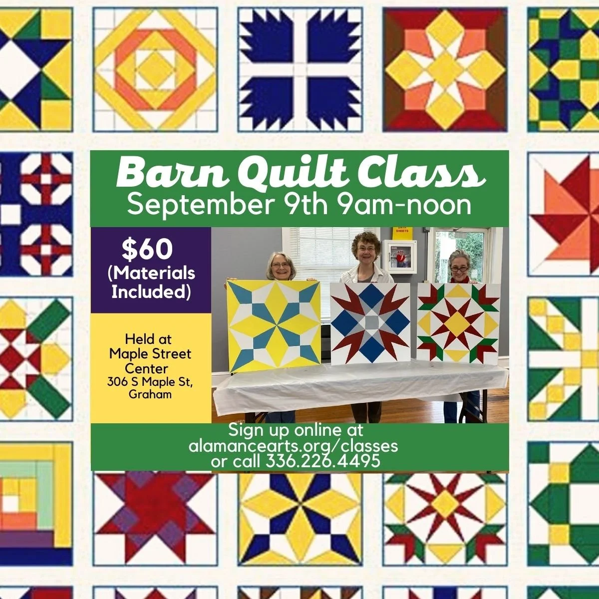 Barn Quilt Class Sign Up Image with Examples of barn quilt patterns