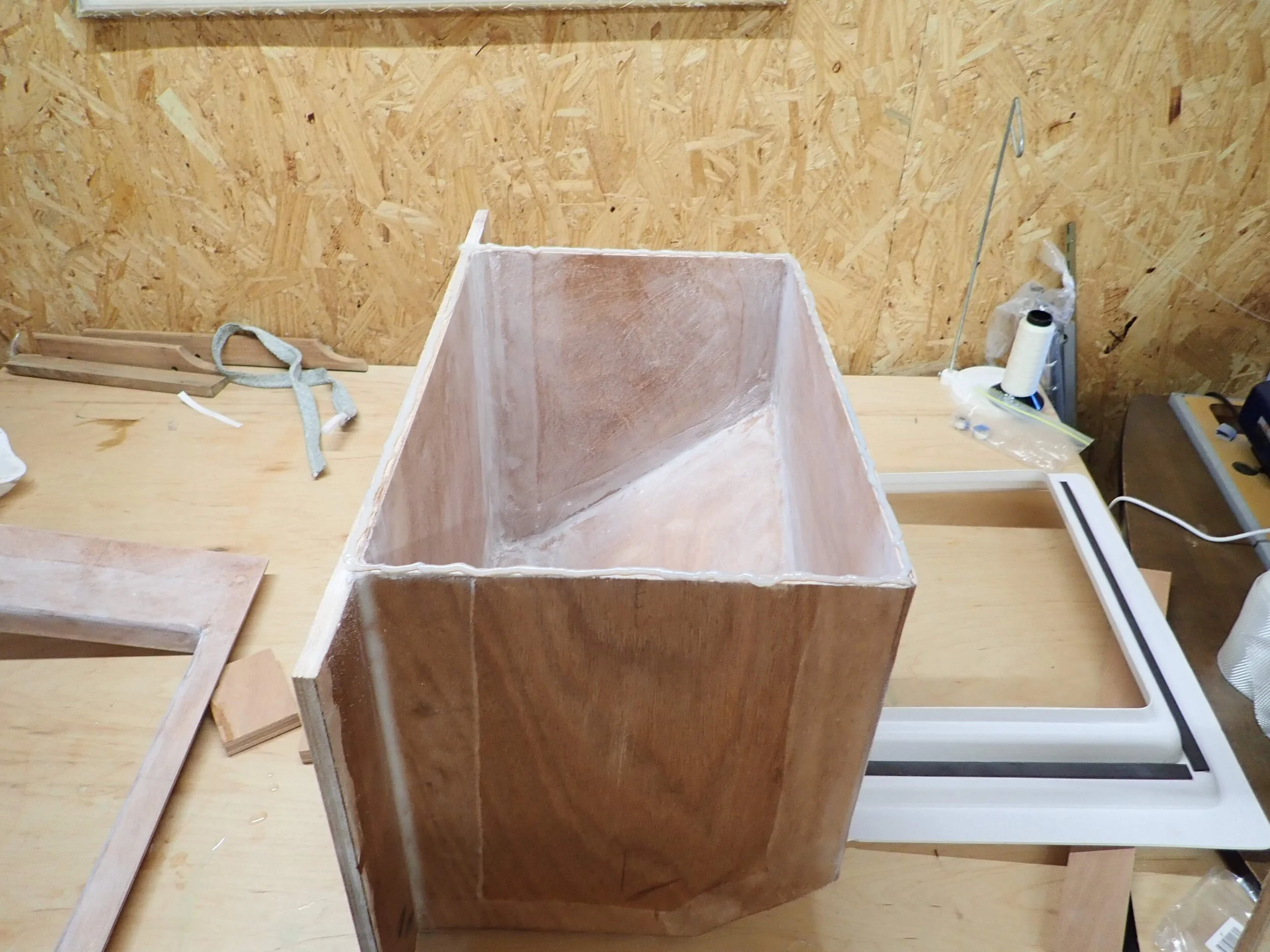  The freezer box is made of marine plywood covered in fiberglass and epoxy 