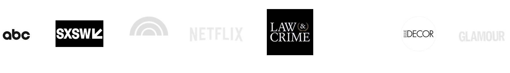 Logos of ABC, SXSW, TODAY, Netflix, Law & Crime, Forbes, Elle Decor, and Glamour.