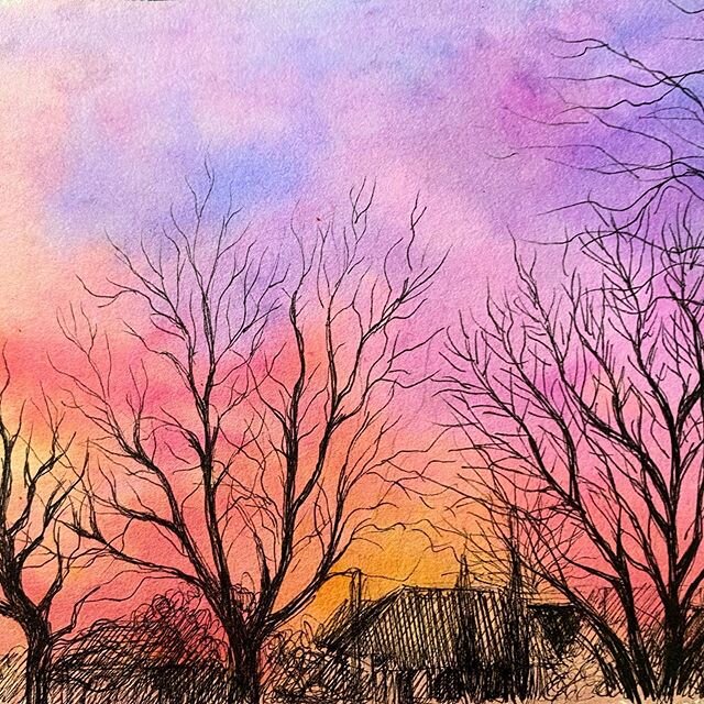 Beautiful winter&rsquo;s evening in the Rat! I couldn&rsquo;t decide whether to sketch the sunset out the front of my house or the full moon out the back but the chance to have a quick play with my coloured inks won
.
.
.
.
.
#sketchbook #inkdrawing 