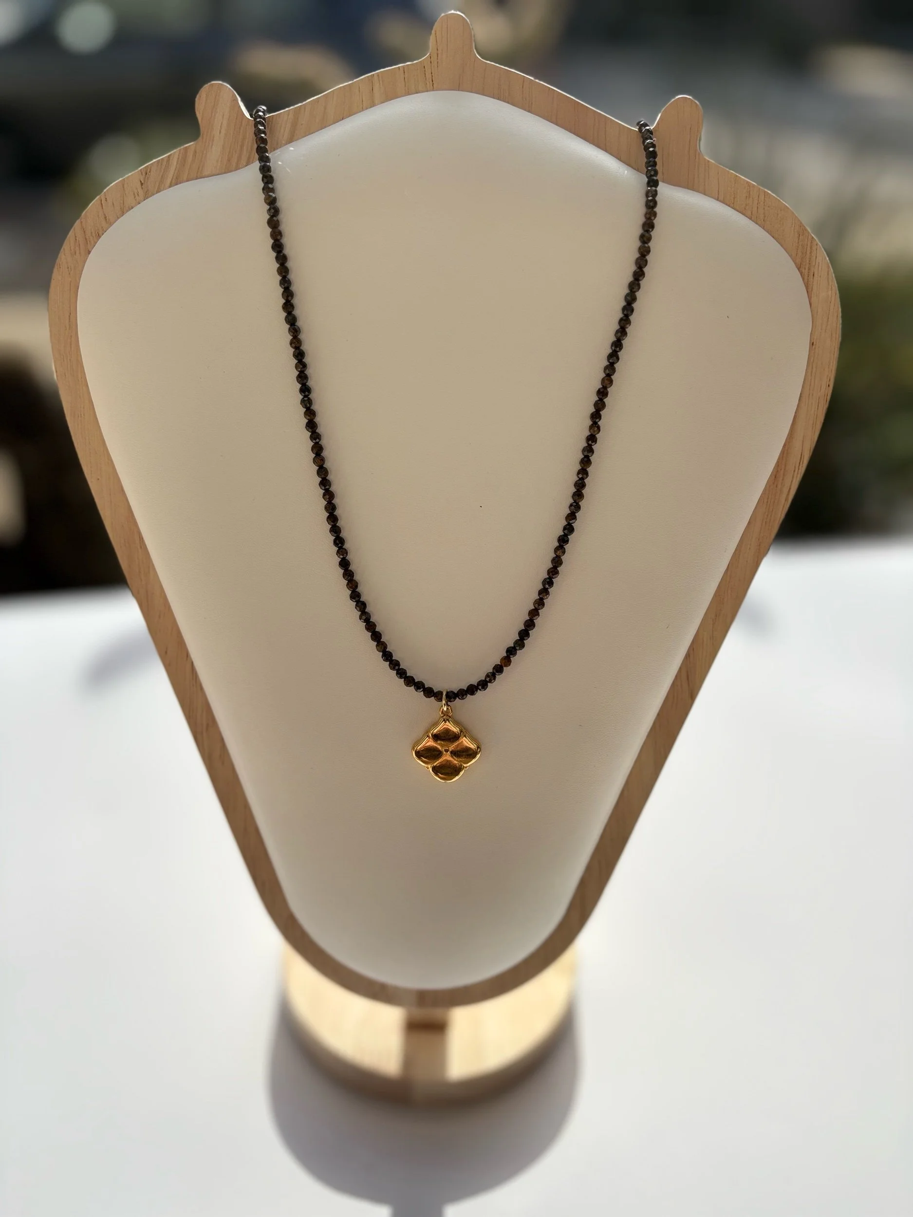 Bronzite Beaded Necklace with Gold Colored Charm