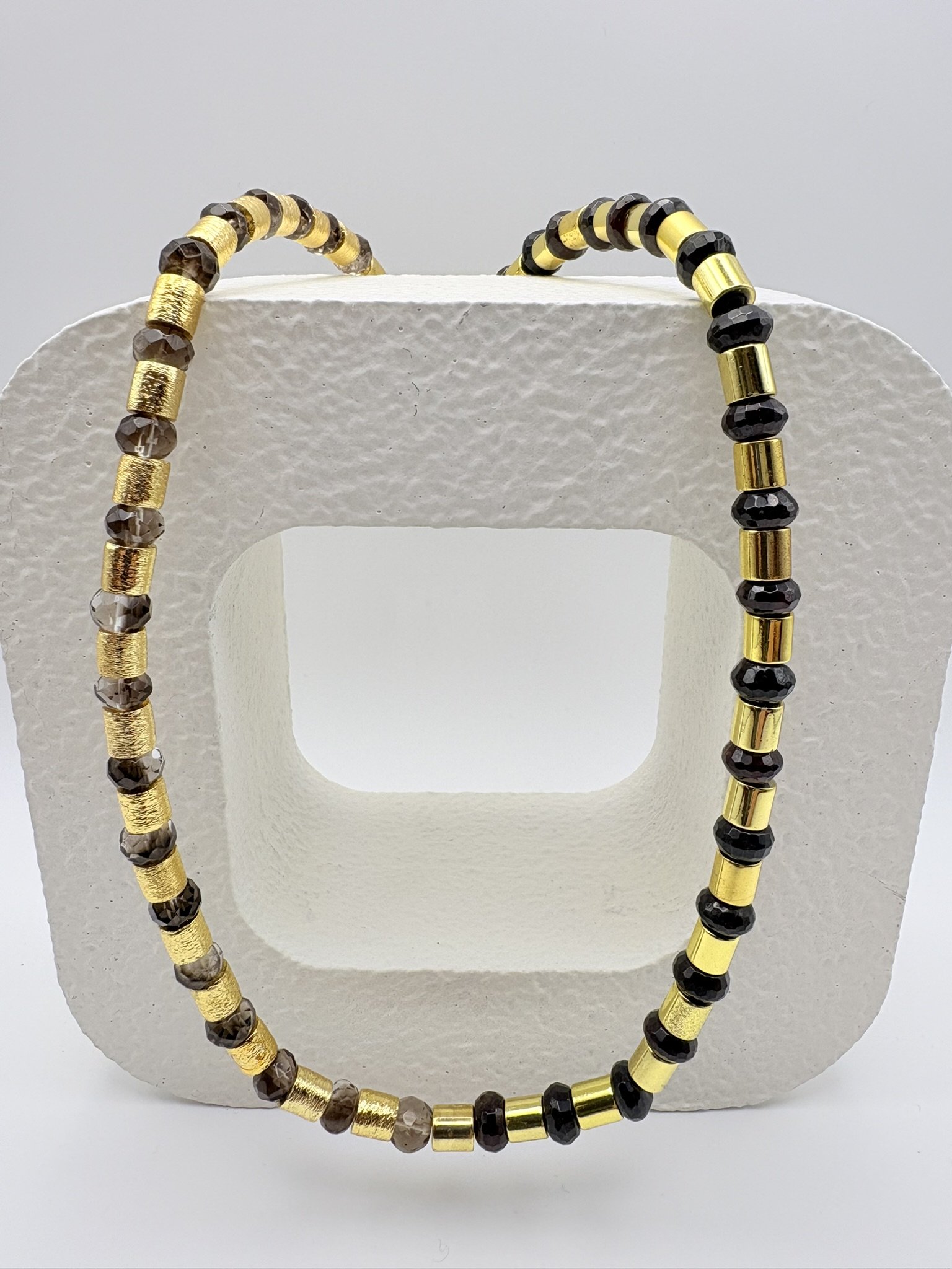 Smoky Quartz and Garnet Brushed Gold Tube Necklace