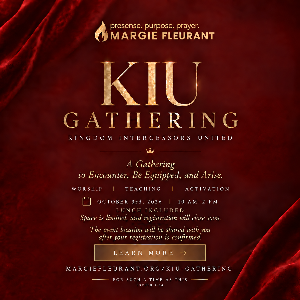 KIU Gathering with Margie Fleurant, October 3, 2026, 10 AM–2 PM. Worship, teaching, and activation. Lunch included. Event location shared after registration is confirmed.