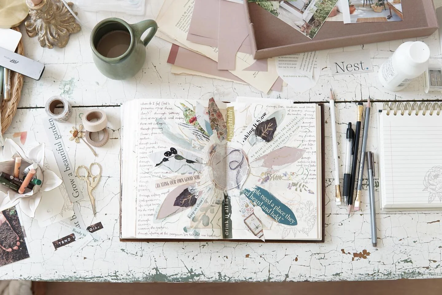 By far one of the questions I get asked about most on social media is about this book right here. It&rsquo;s not simply a journal because it holds some art, some prayers, some clippings and quotes I&rsquo;ve gathered, some photographs of my family an