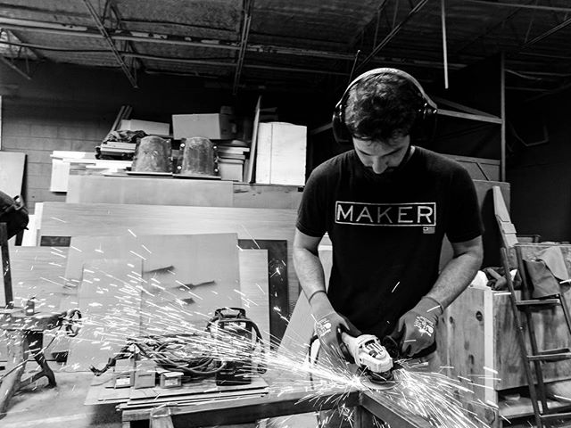 Making sparks fly in the studio. Finishing can be a delicate and nuanced skill, even if the tools are not. #studio