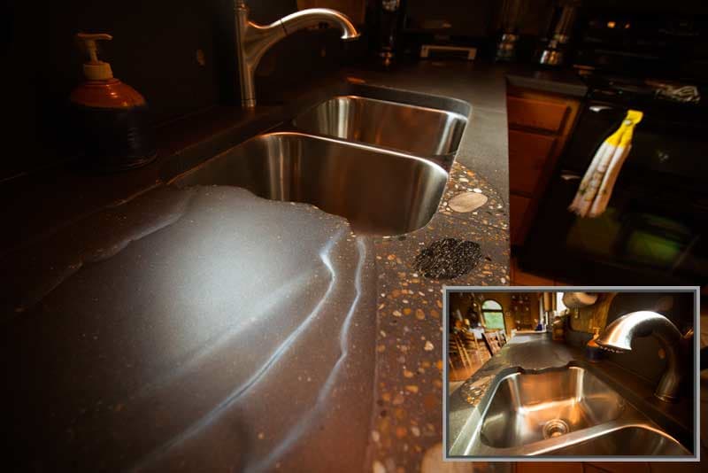 An integrated and overhanging drainboard for a pebble strewn counter top. #residential