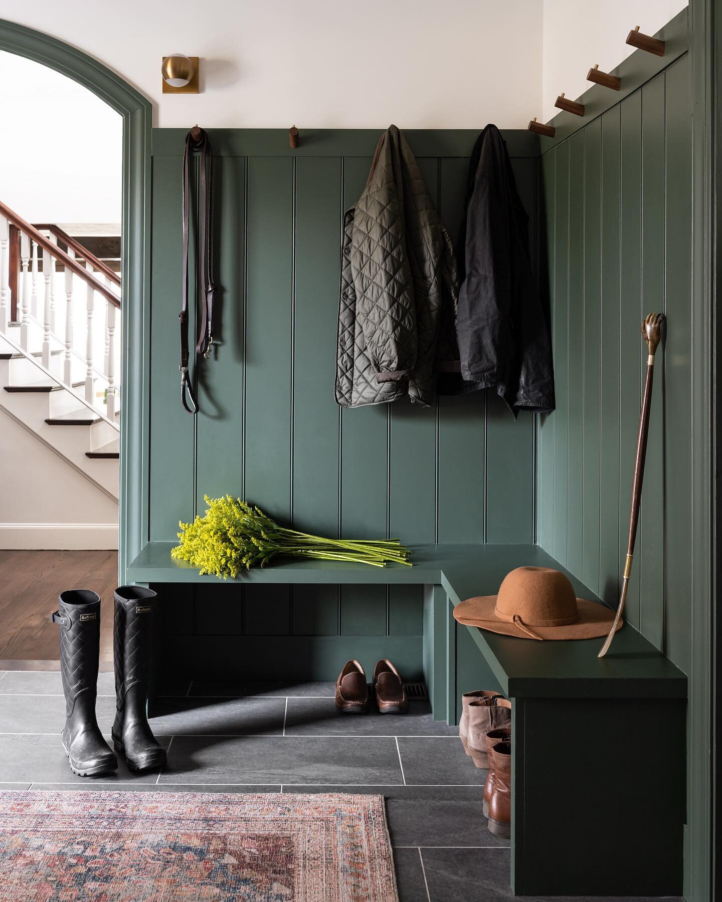 It gives me all the #sundayfeels to know this client gets a lot of use out of her new boot room on the weekend, between dog walking, teen sports and family time. 
In this first floor renovation we used a beautiful saturated green which is repeated in