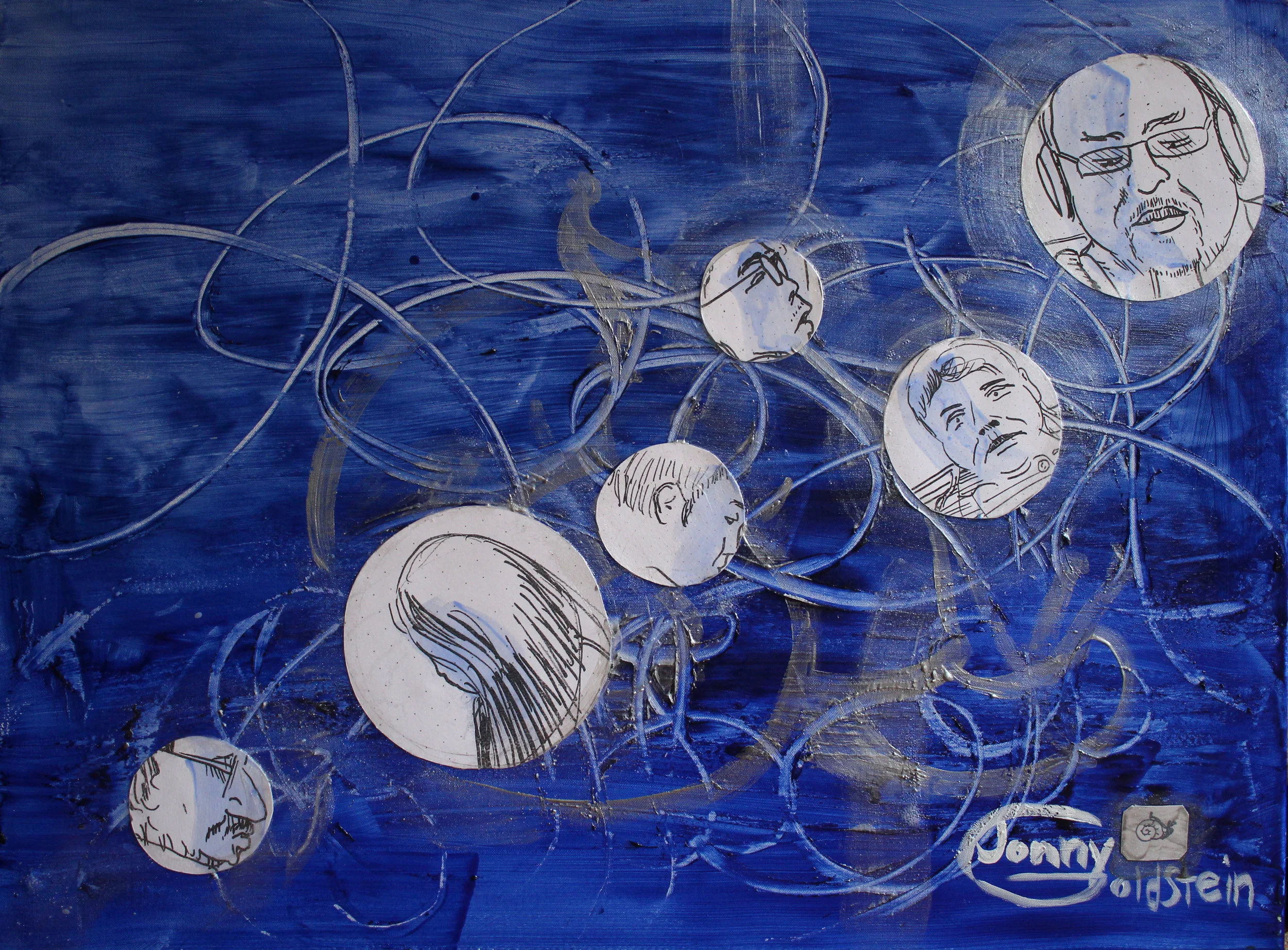 Title: Subway Bubbles: Sea Snailrider.. MIxed Media: acryclic, Xerographs, and glass beads on canvas.