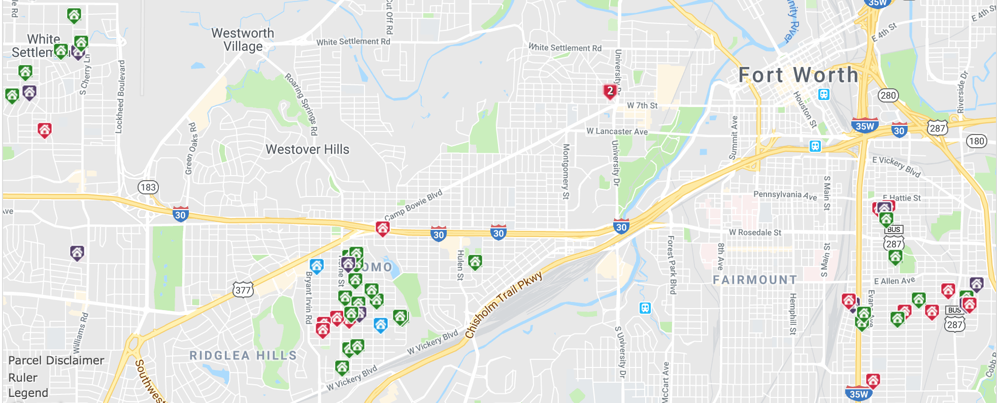The icons represent available or recently sold single-family homes built in the last 10 years in the Fort Worth area with a sales price under $300,000.