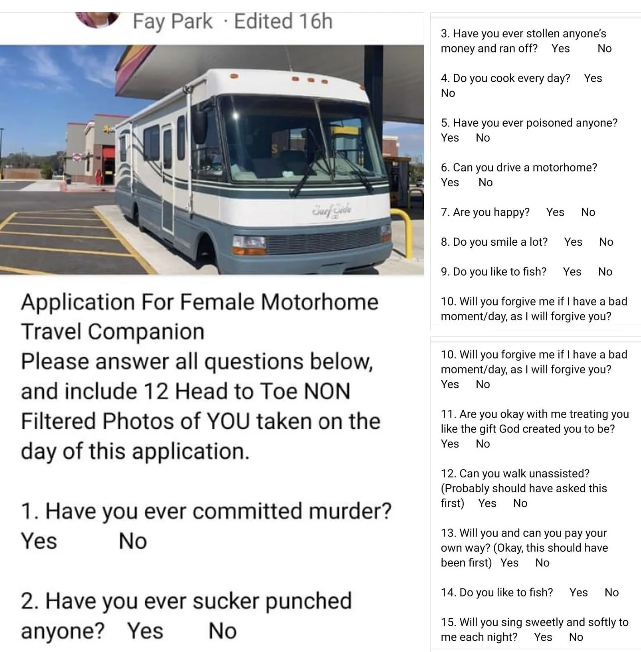 My Application to be a Female Motorhome Travel Companion