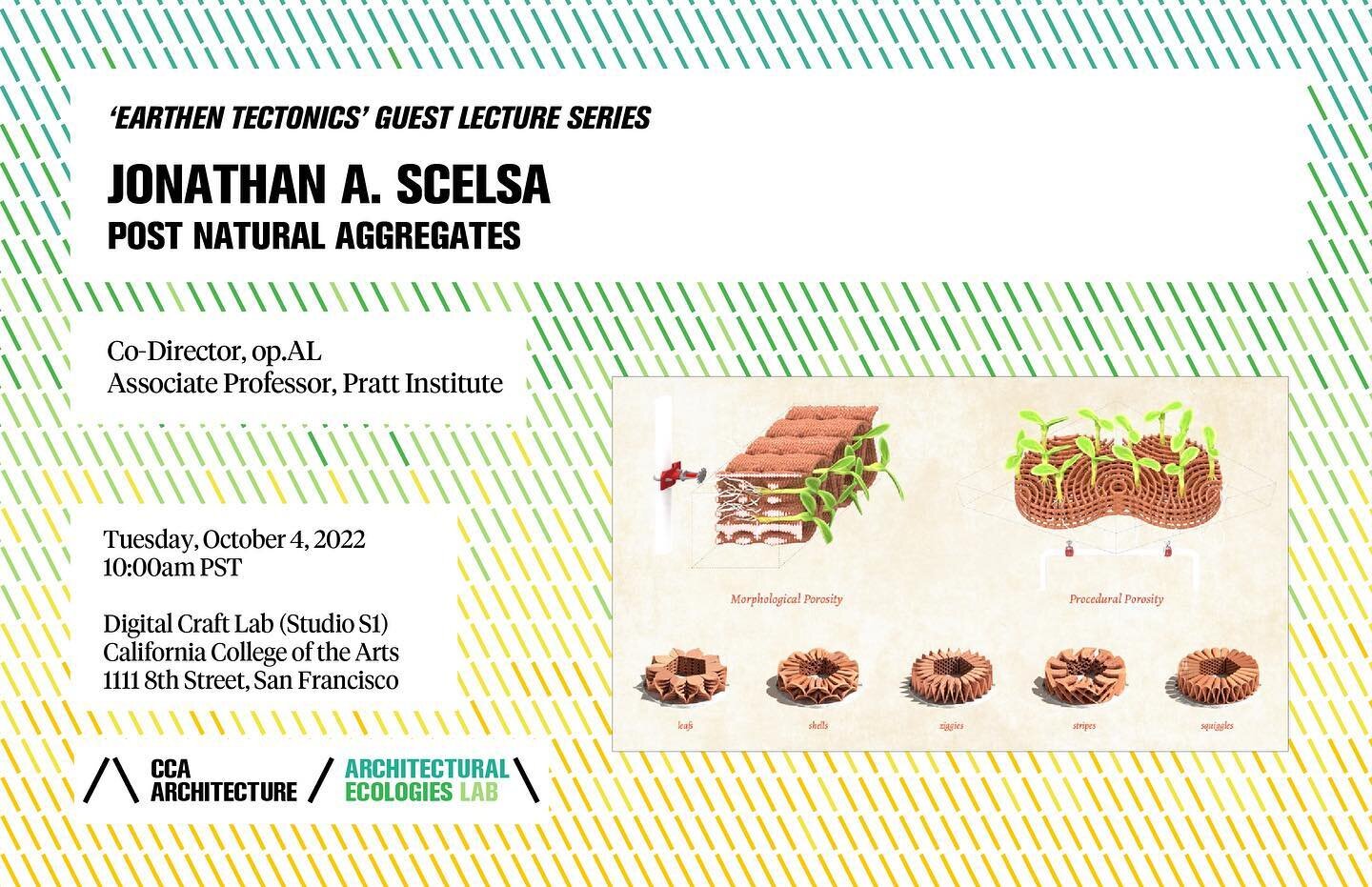 Tomorrow, Tuesday October 4: Join us for a talk by Jonathan A. Scelsa @oparchland of @prattsoa, who will present his research into 3d printed modular ceramic habitats. The talk is organized as part of the fall 2022 Ecological Tectonics seminar led by