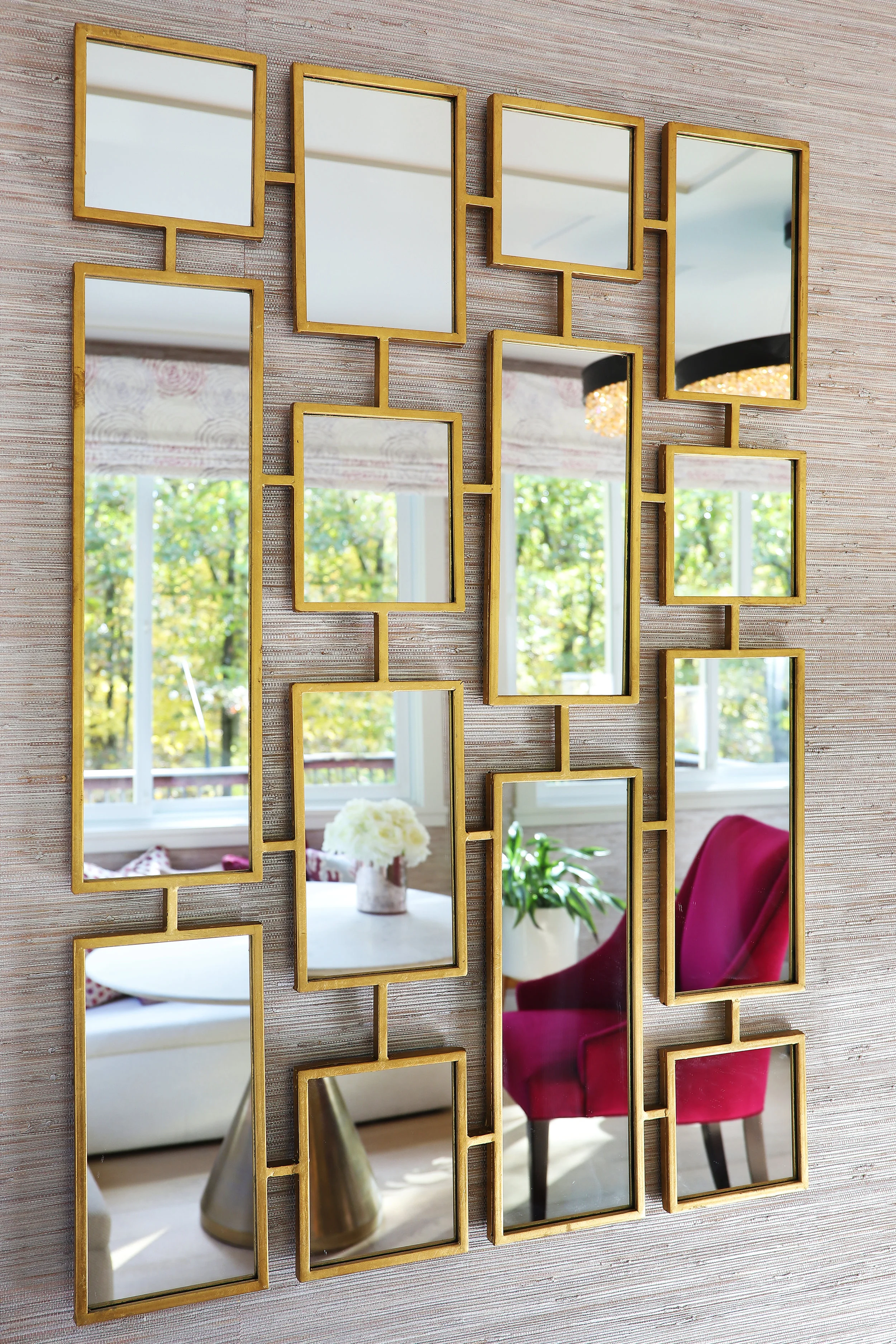 Reflect on this: the gorgeous wallpaper is by one of our favorites, Phillip Jeffries. This Shoreline Grass is a fab texture for dimensioned, sophisticated walls. This colorway (Wisteria) was perfect for our pallet.